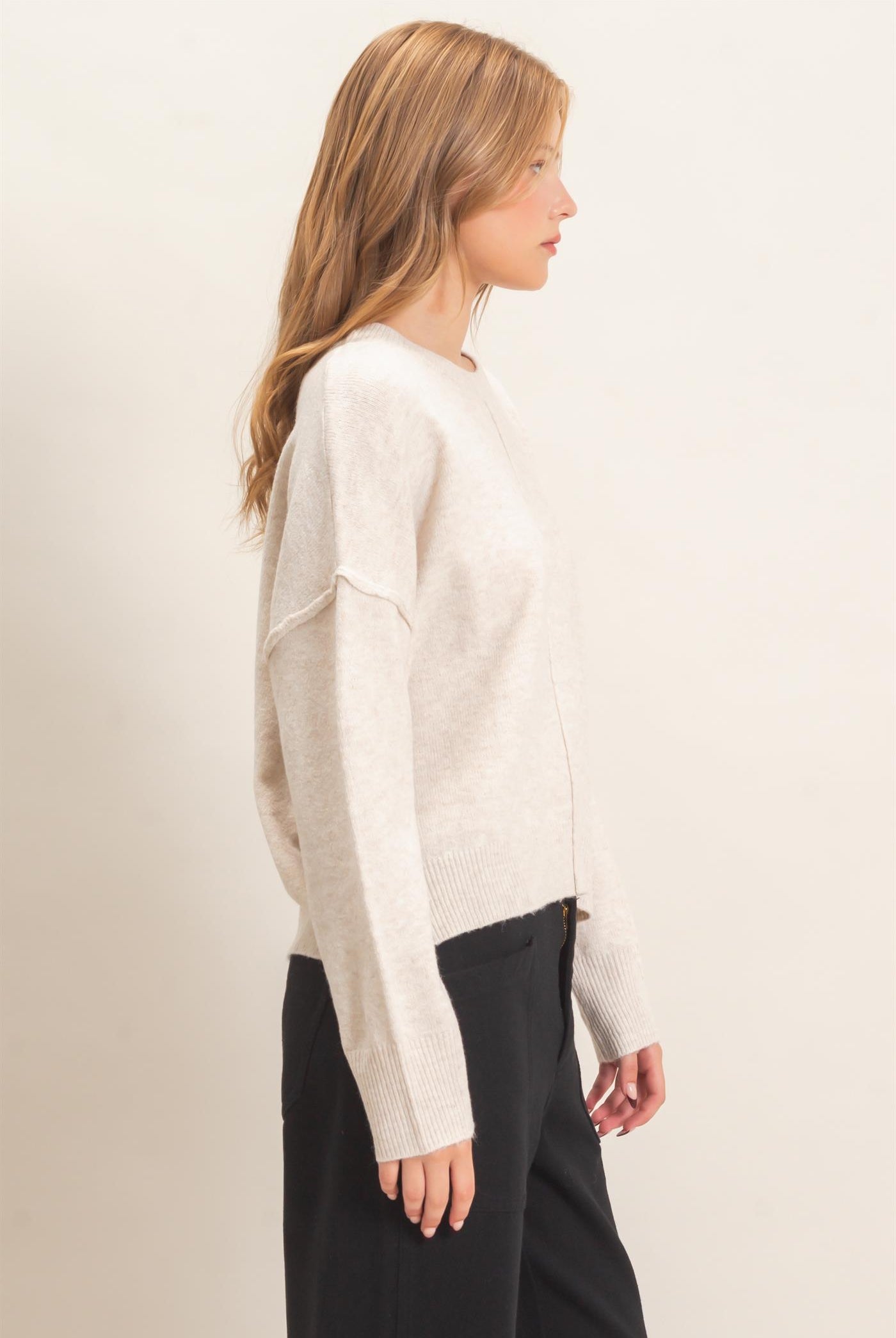 Wholesale Crew Neck Sweater With Ribbed Hem Sweaters HF26E203-D OATMEAL HYFVE