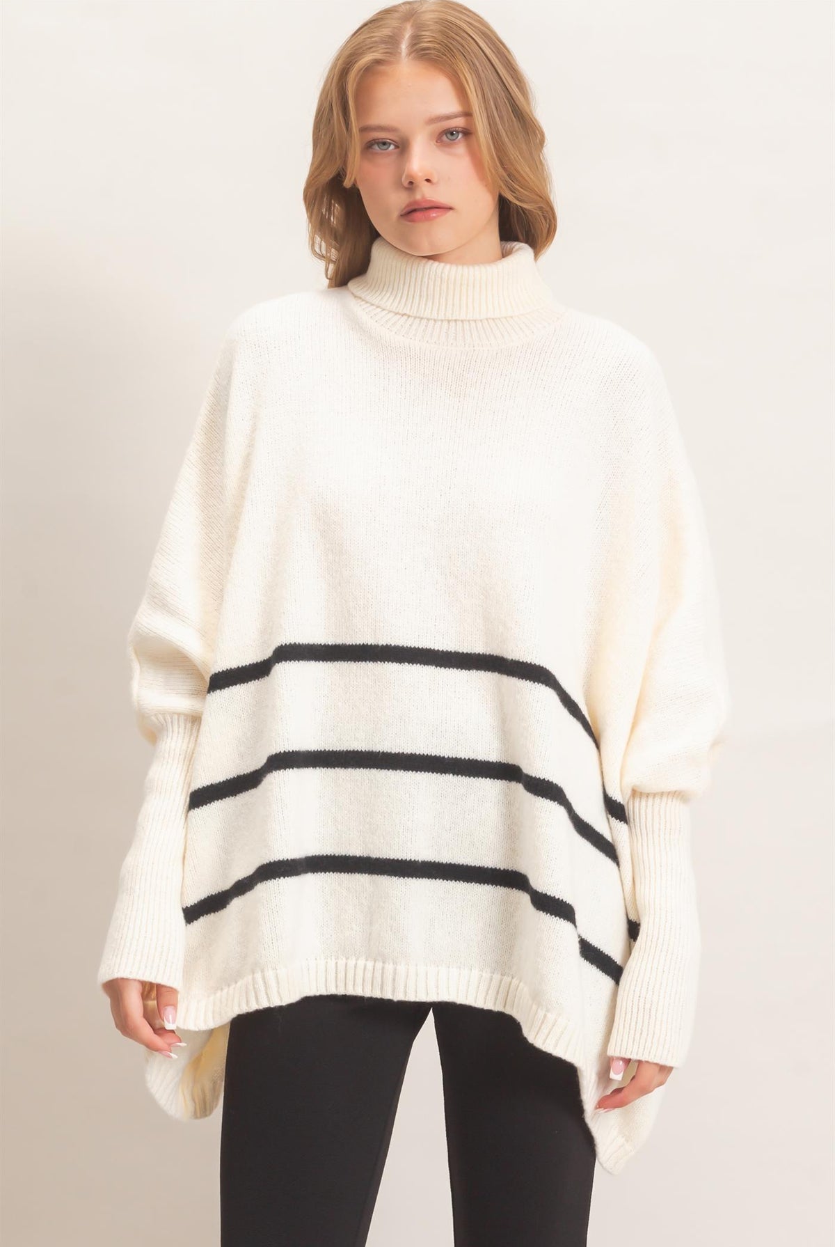 Wholesale Striped Turtleneck Poncho Sweater Sweaters HF26F194 WARM WHITE HYFVE