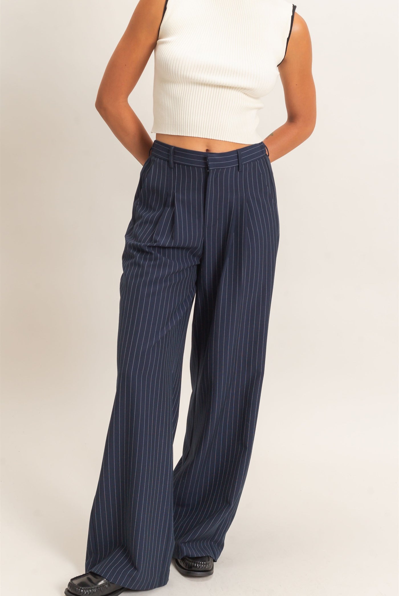 Wholesale Pinstripe Wide-Leg Trousers Pants DZ26E426 NAVY DOUBLE ZERO