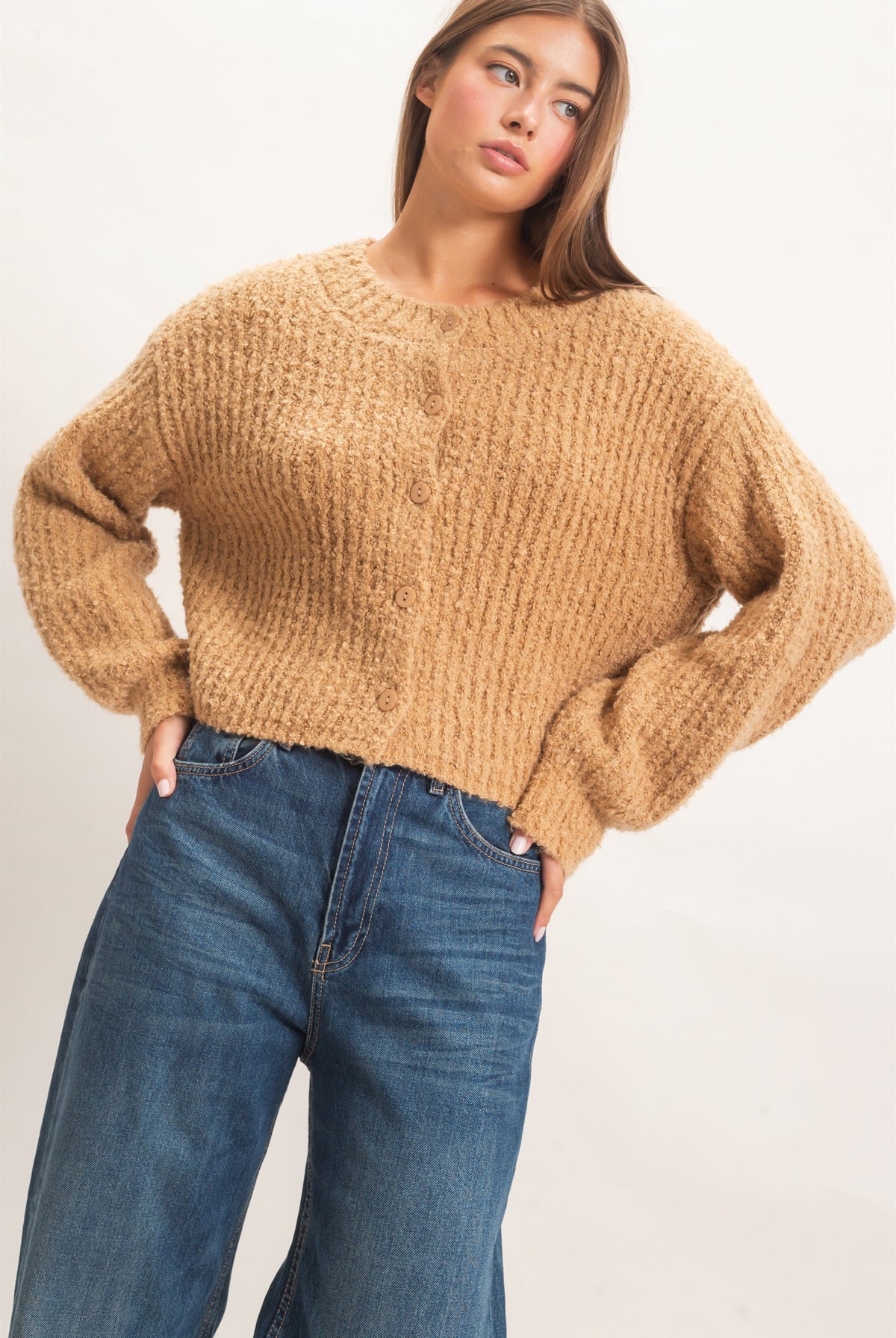 Wholesale Boucle Knit Button Front Cardigan Cardigans DZ26E270 TAUPE DOUBLE ZERO