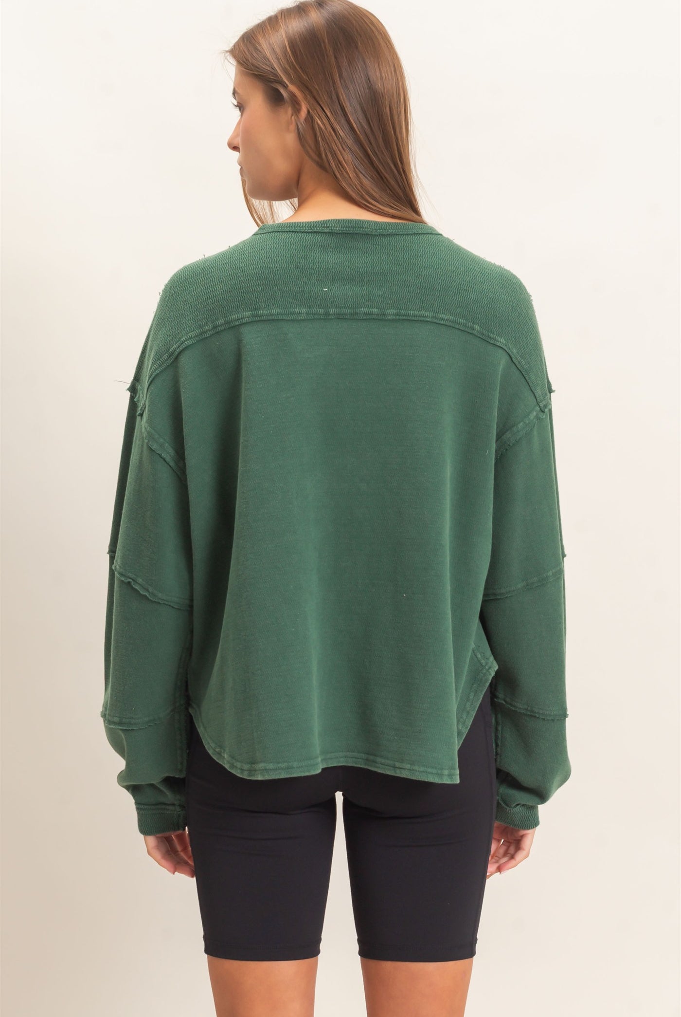 Wholesale Mineral Wash Overzised Raw Edge Crew Neck Top Clothing Tops DZ26E449 DARK GREEN DOUBLE ZERO
