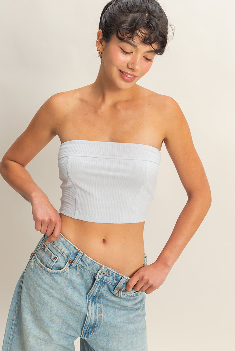 Wholesale Strapless Ribbed Crop Top Clothing Tops DZ23E512 ARCTIC BLUE DOUBLE ZERO