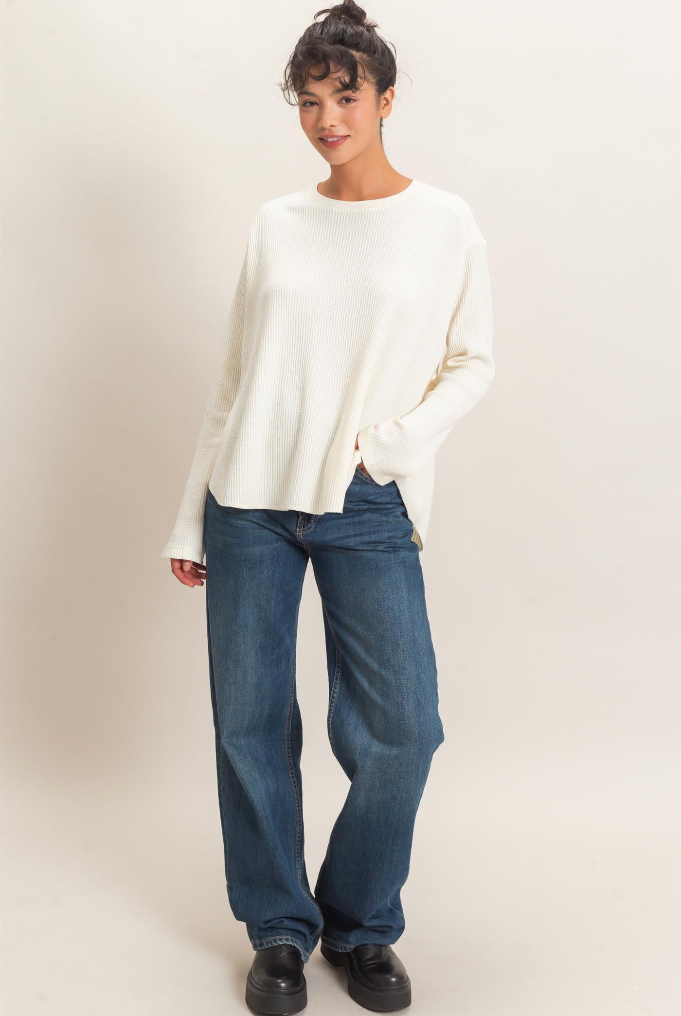 Wholesale Oversized Mineral Washed Waffle Knit Top Clothing Tops DZ26E654 CREAM DOUBLE ZERO