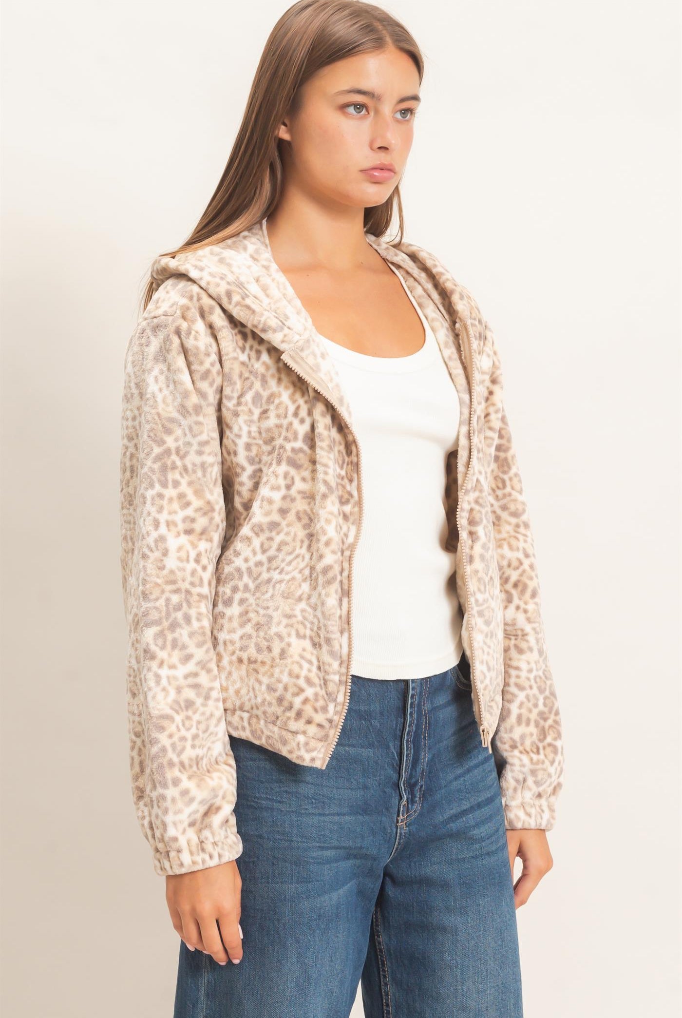 Wholesale Leopard Fleece Zip-Up Hoodie Hoodies DZ26E831 BEIGE DOUBLE ZERO