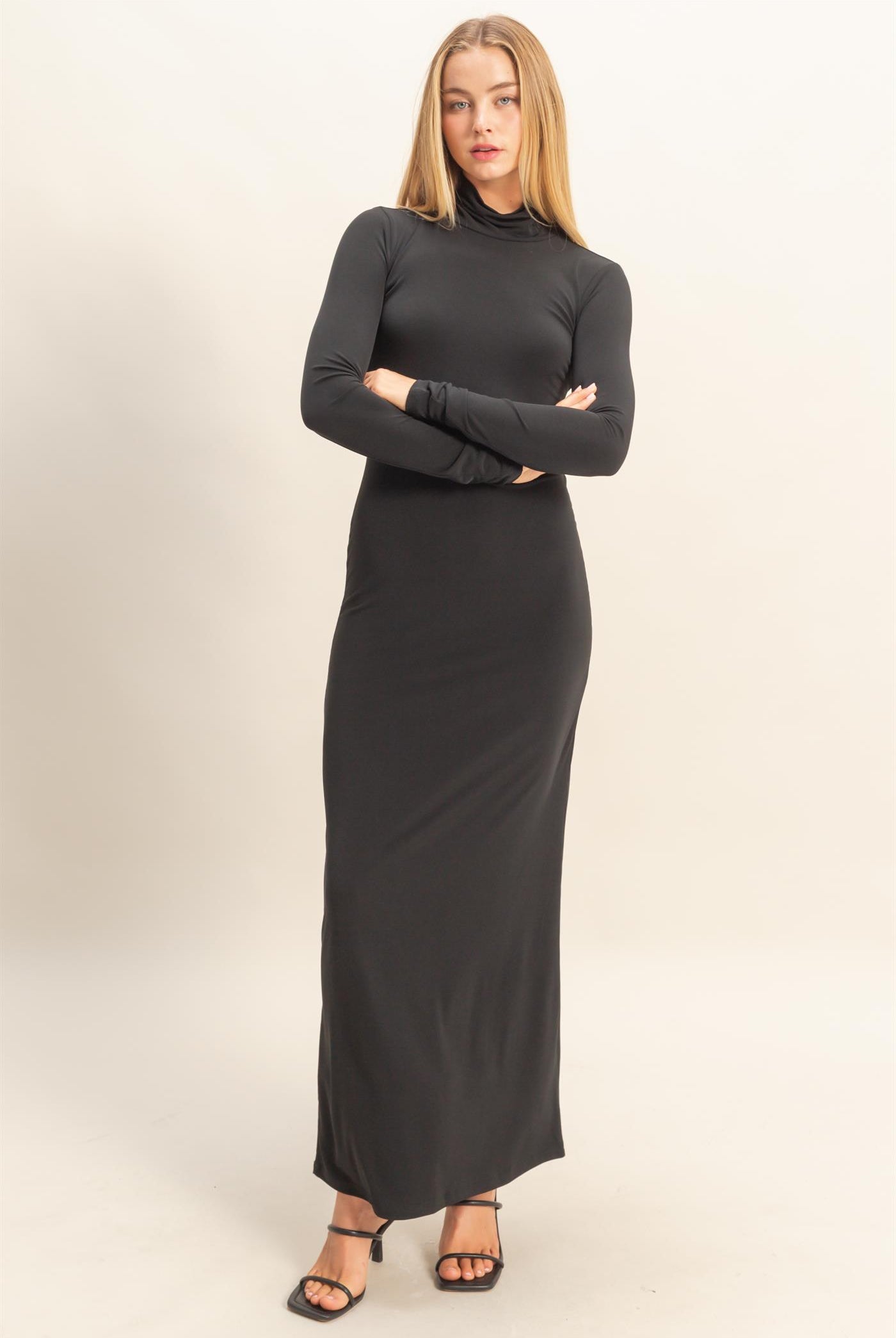 Wholesale Turtleneck Long Sleeve Maxi Dress Dresses DZ25F129 BLACK DOUBLE ZERO