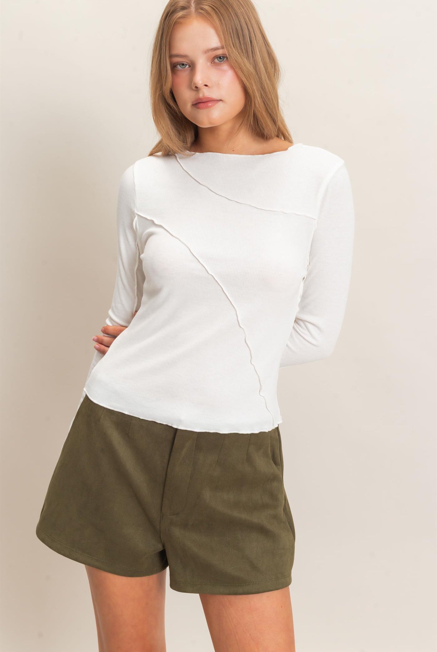 Wholesale Ruffled Ribbed Long Sleeve Top Clothing Tops HF26F085 OFF WHITE HYFVE