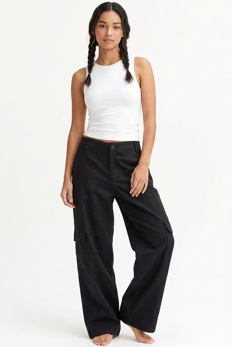 Wholesale Elastic Waist Wide-Leg Cargo Pants Pants DZ24E575 BLACK DOUBLE ZERO