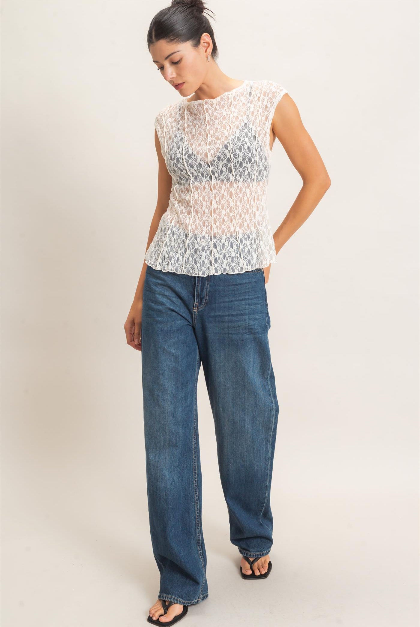 Wholesale Lace Cap Sleeve Top Clothing Tops HF26E672 CREAM HYFVE