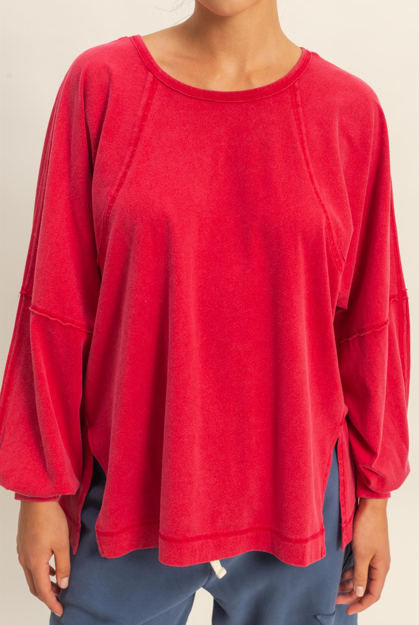 Wholesale Washed Oversized Long Sleeve Top With Slit Clothing Tops DZ25C921 RED HYFVE