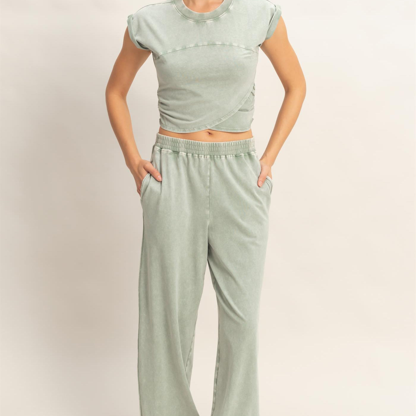 Wholesale Rolled Sleeve Wrap-Front Crop Top And Jogger Set Clothing DZ26A172-SET SAGE GREEN DOUBLE ZERO