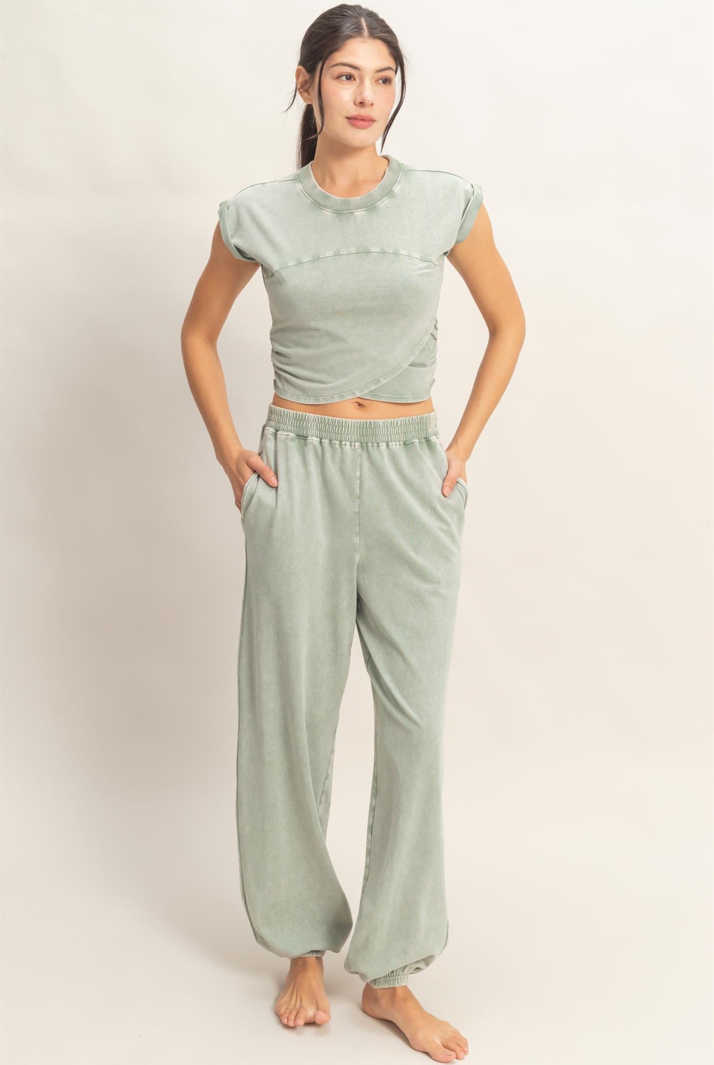Wholesale Rolled Sleeve Wrap-Front Crop Top And Jogger Set Clothing DZ26A172-SET SAGE GREEN DOUBLE ZERO