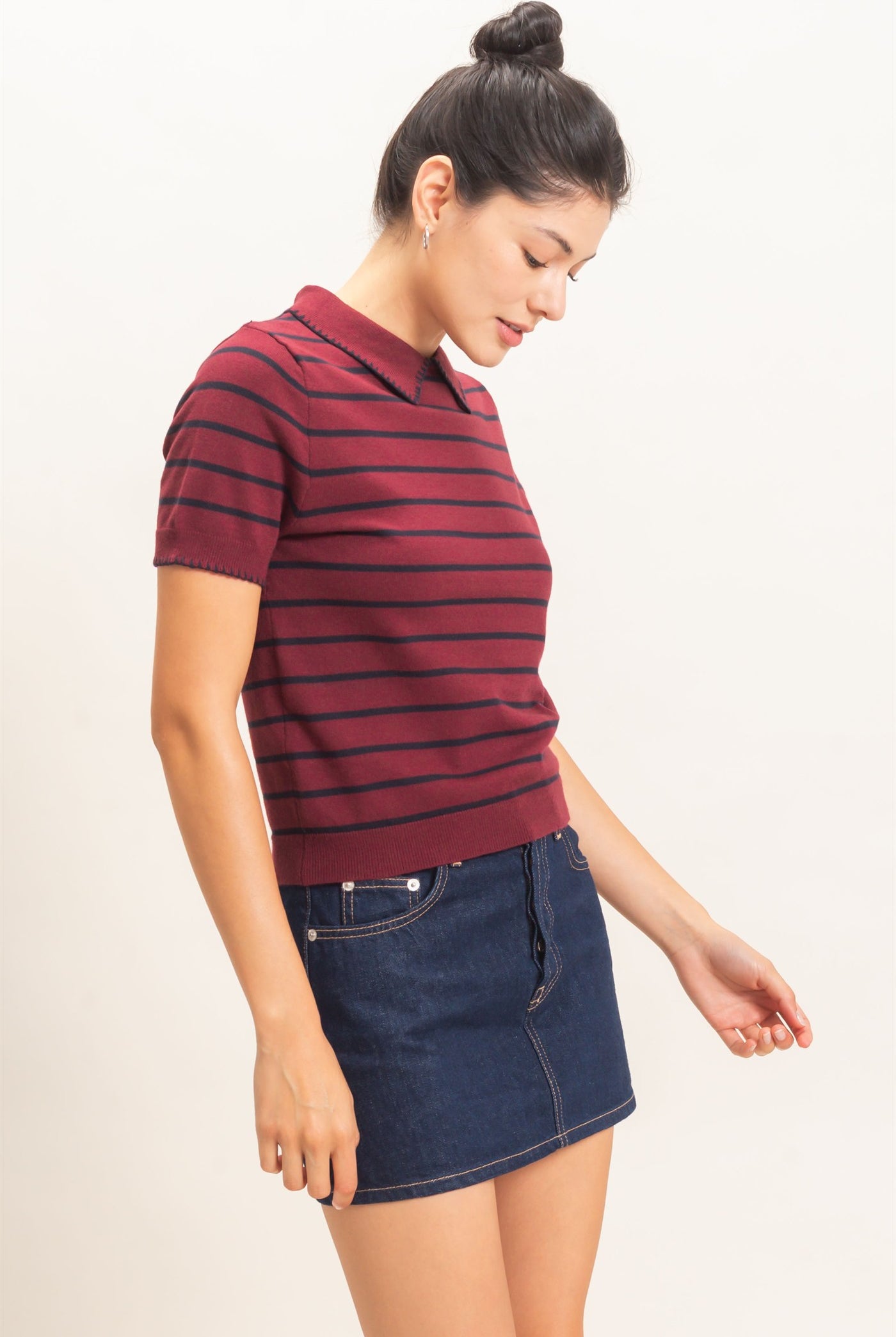 Wholesale Striped Polo Collar Sweater Sweaters HF26E233 BURGUNDY HYFVE