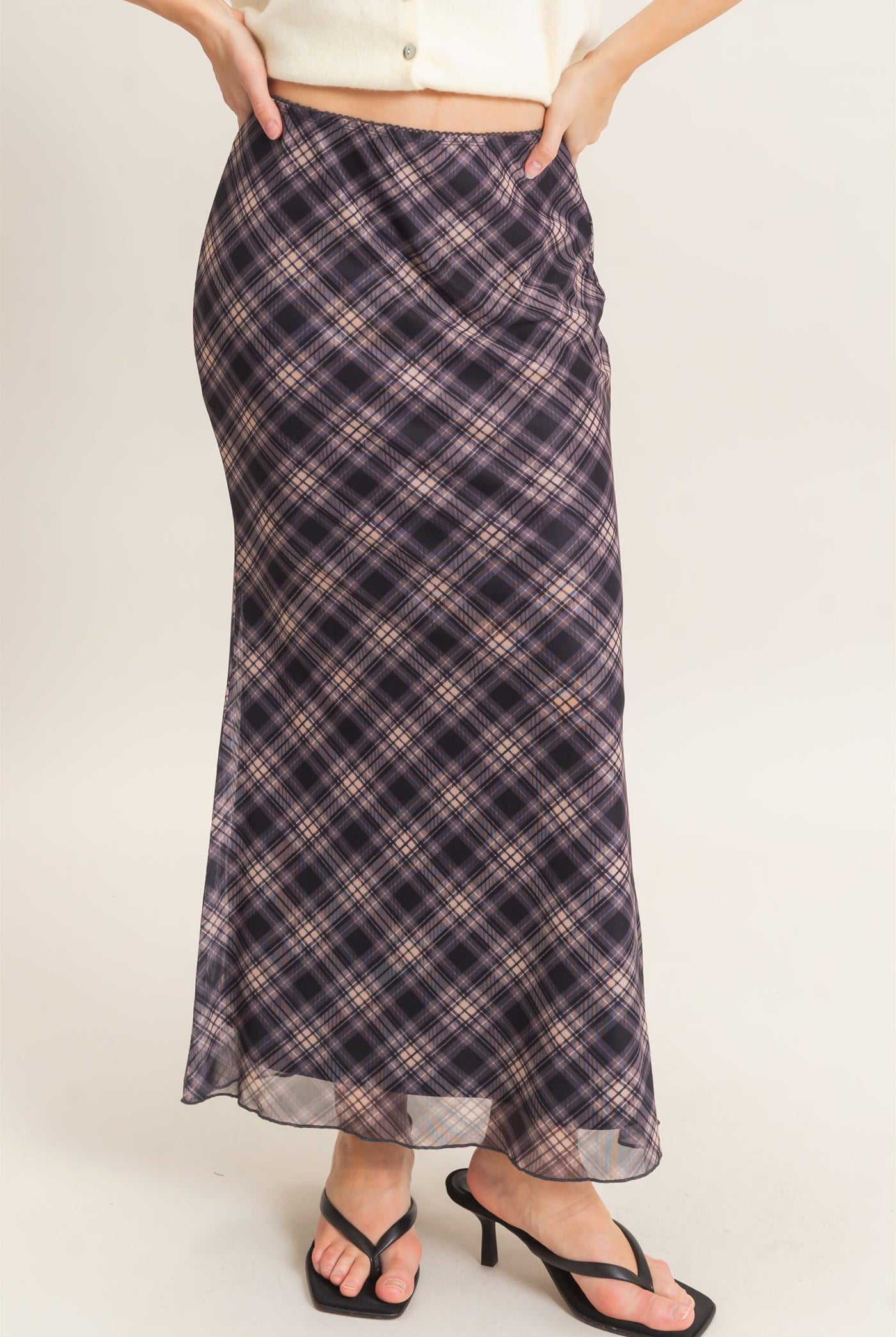 Wholesale Printed Mesh Maxi Skirt Skirts HF26F214 BLACK/PLAID HYFVE