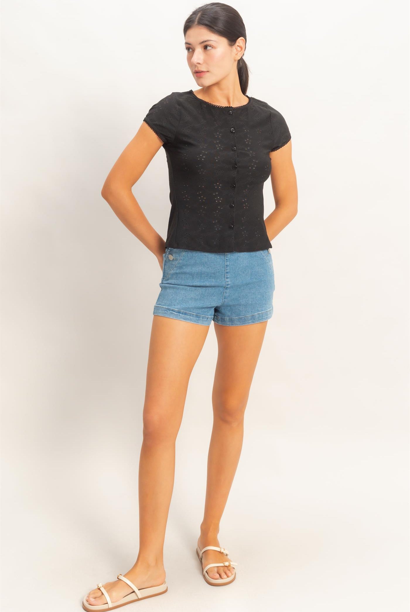 Wholesale Eyelet Button Front Knit Top Clothing Tops HF26C094 BLACK HYFVE