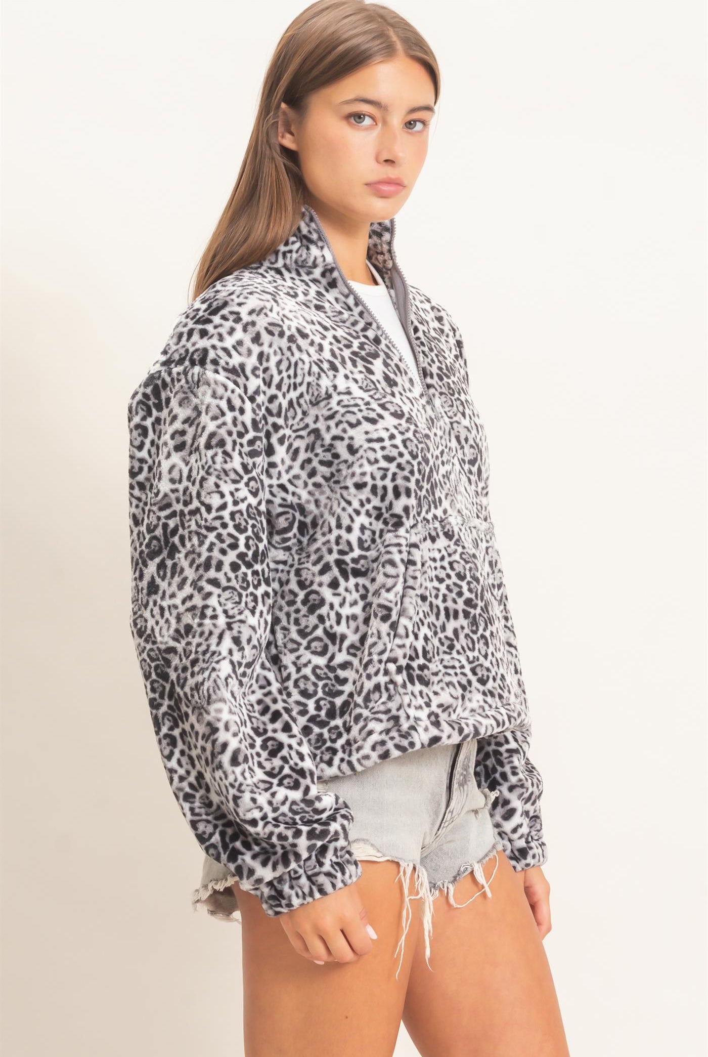 Wholesale Leopard Print Fleece Half Zip Pullover Sweaters DZ26E830 GRAY DOUBLE ZERO