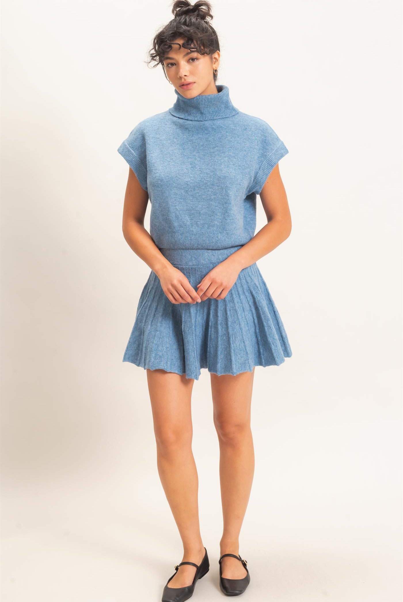 Wholesale Turtleneck Crop Top And Pleated Skirt Set Clothing DZ26C981-SET DUSTY BLUE DOUBLE ZERO