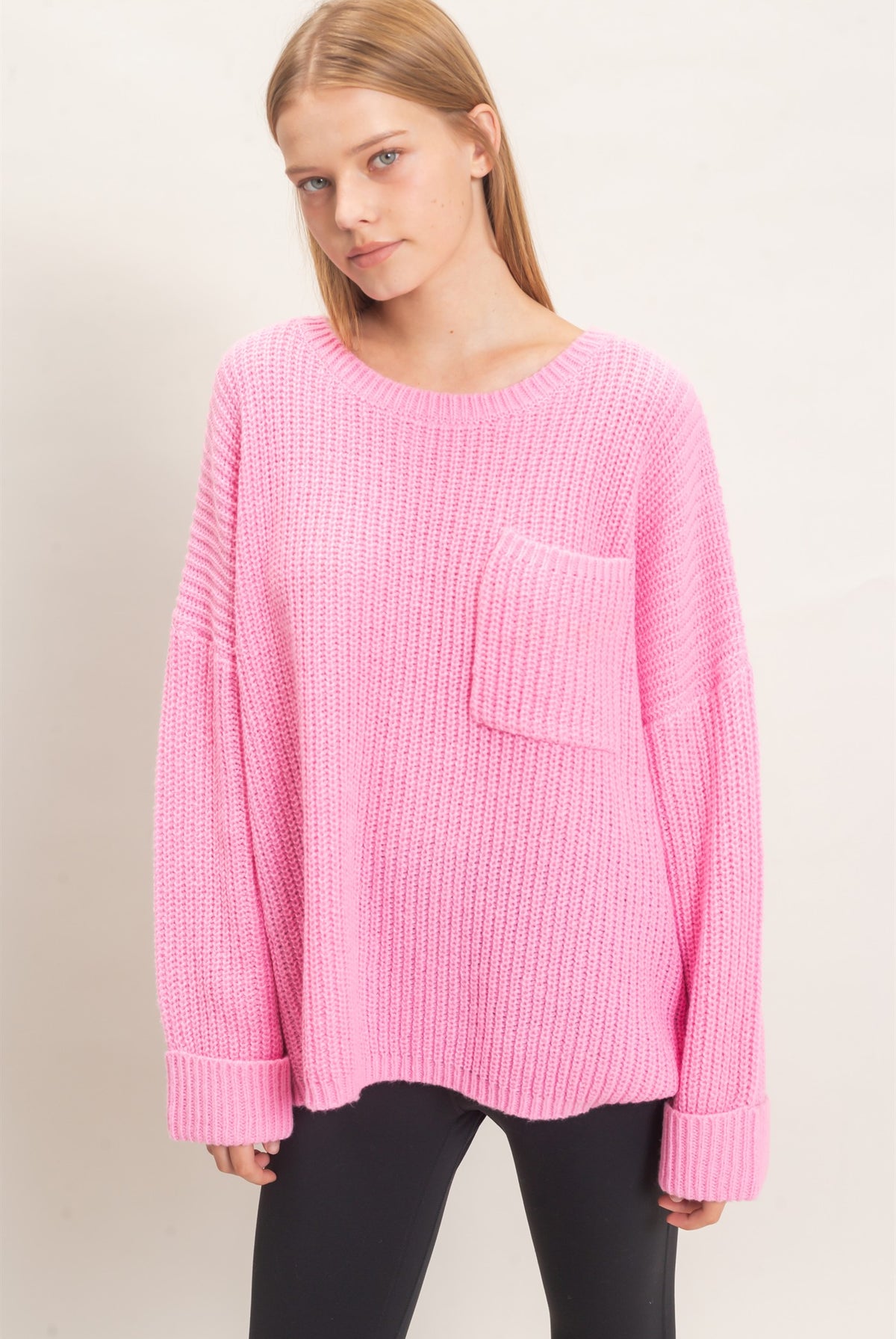 Wholesale Ribbed Knit Patch Pocket Sweater Sweaters HF26F177 PINK HYFVE
