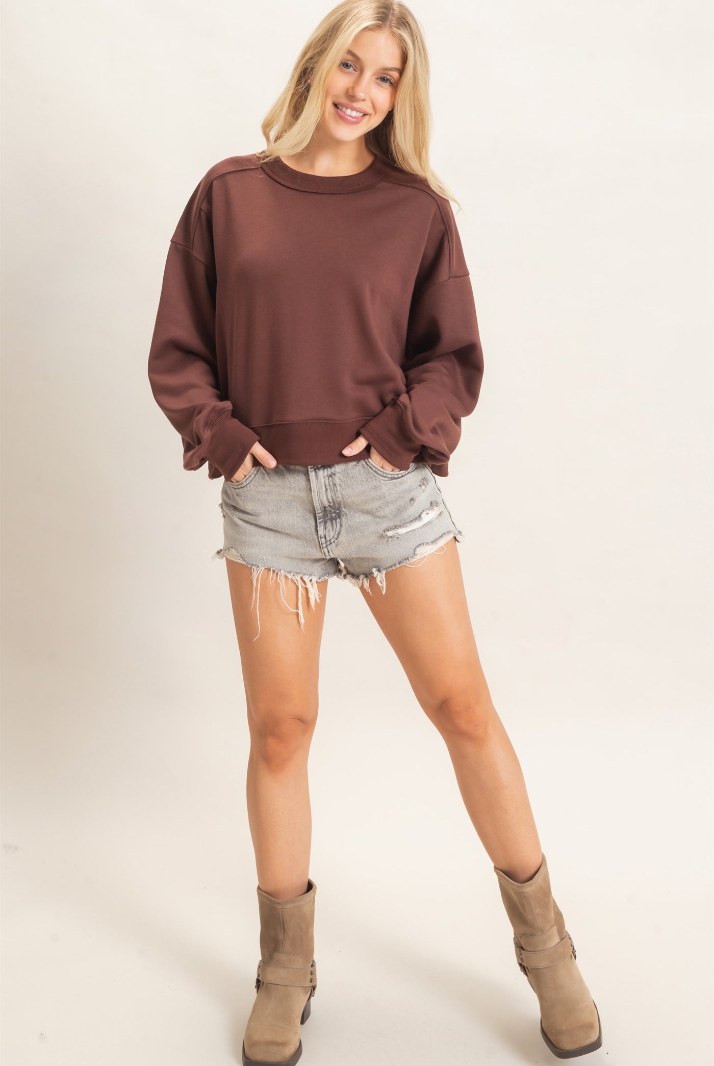 Wholesale Ribbed Crew Neck Sweatshirt Sweatshirts HF26F087 BROWN HYFVE