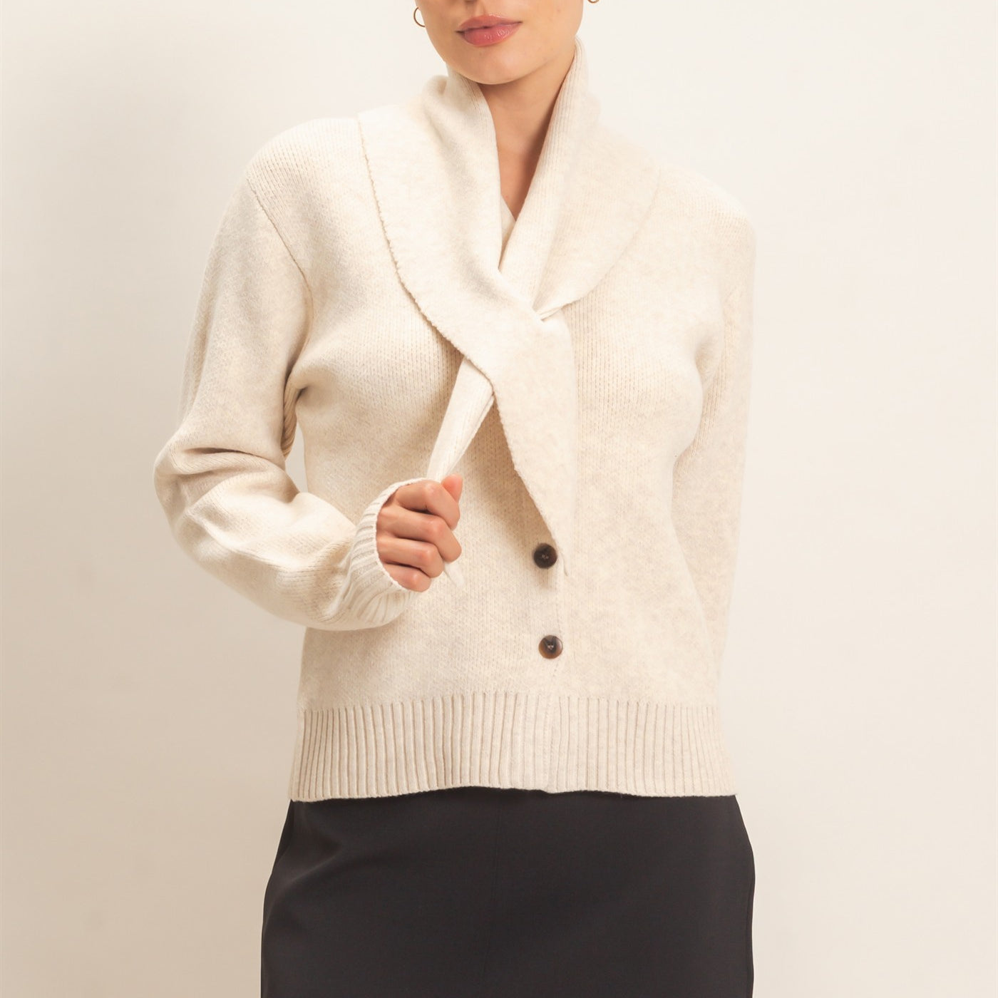 Wholesale Attached Scarf Button-Front Cardigan Cardigans HF26E870 OATMEAL HYFVE