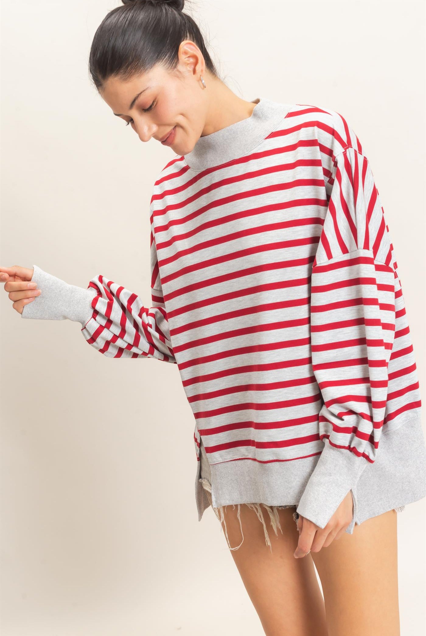 Wholesale Striped Mock Neck Sweatshirt Sweatshirts HF27A178-D H.GRAY/RED HYFVE