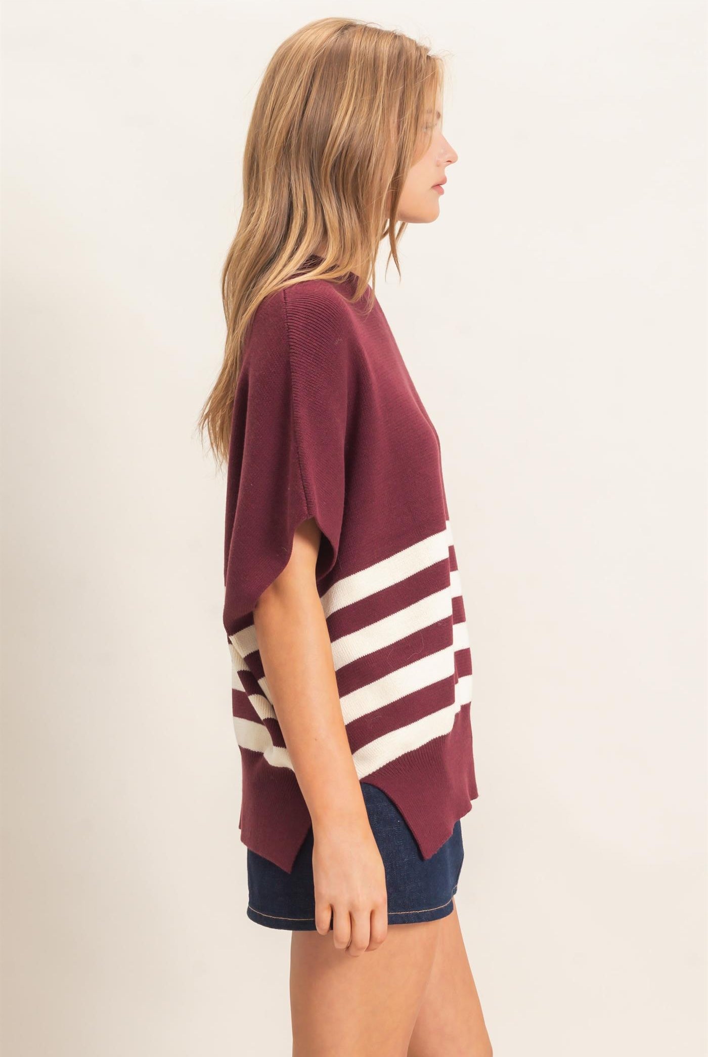 Wholesale Striped Ribbed Crew Neck Sweater Sweaters HF26E350-D WINE HYFVE