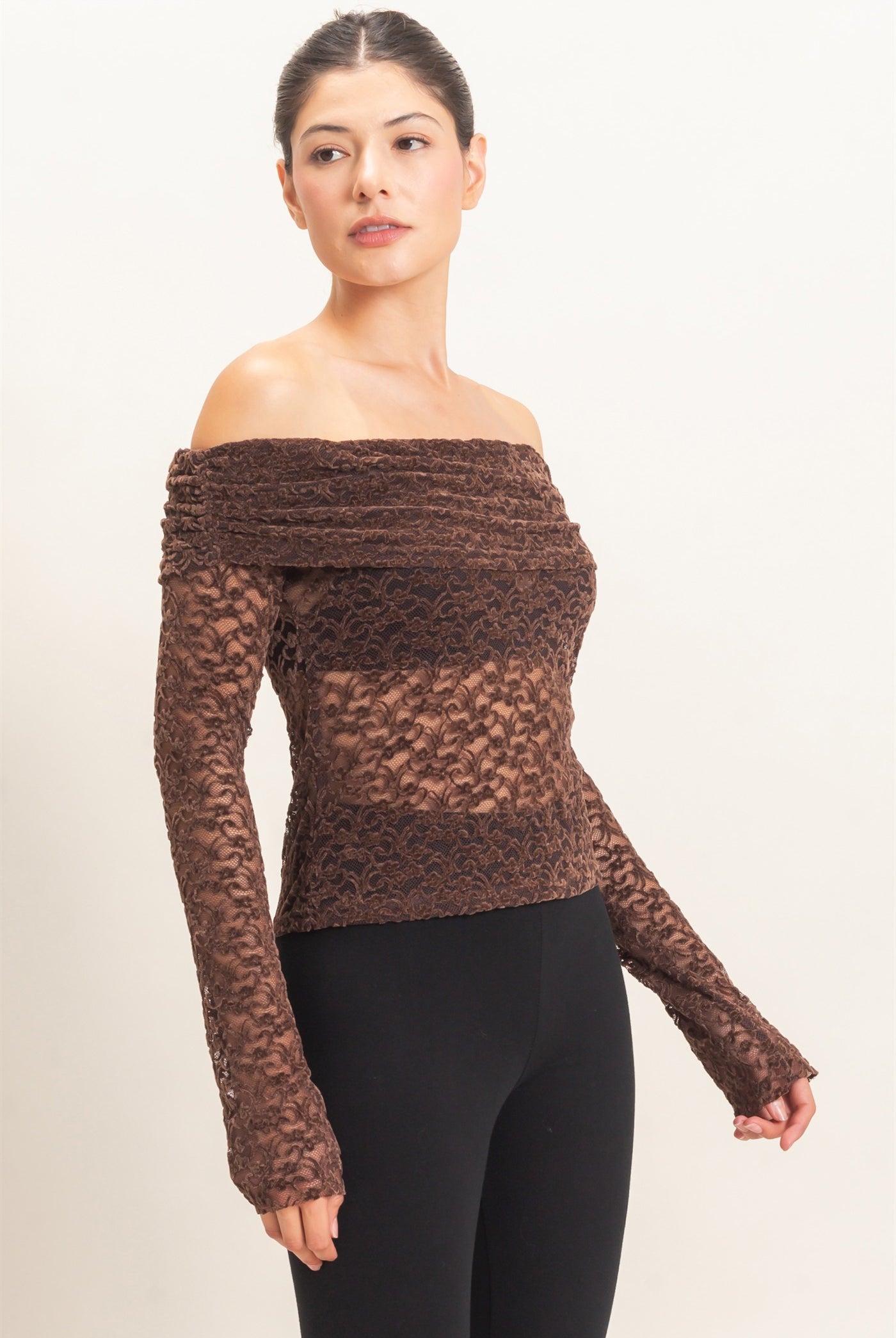 Wholesale Off-Shoulder Lace Top Clothing Tops HF26E407 CHOCOLATE HYFVE