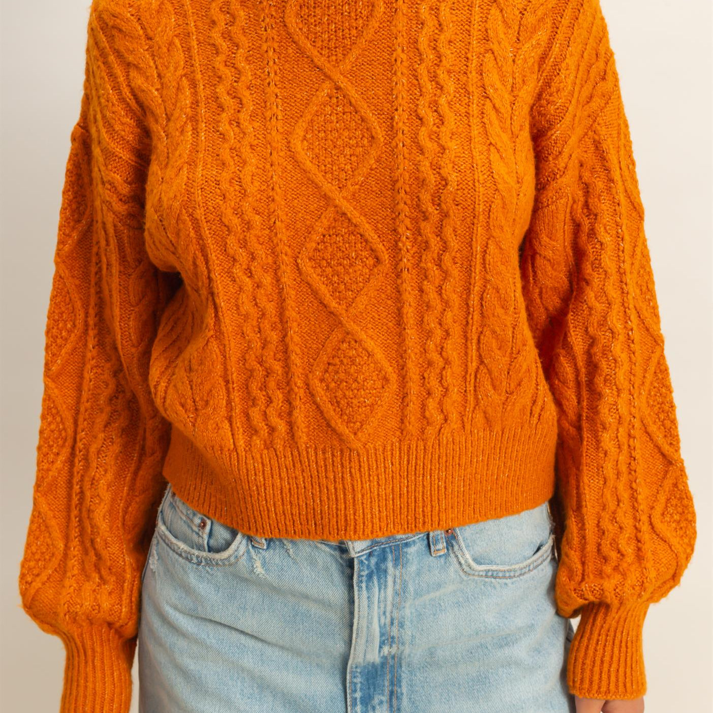 Wholesale Cable Knit Balloon Sleeve Sweater Sweaters DZ25F126 CARAMEL DOUBLE ZERO