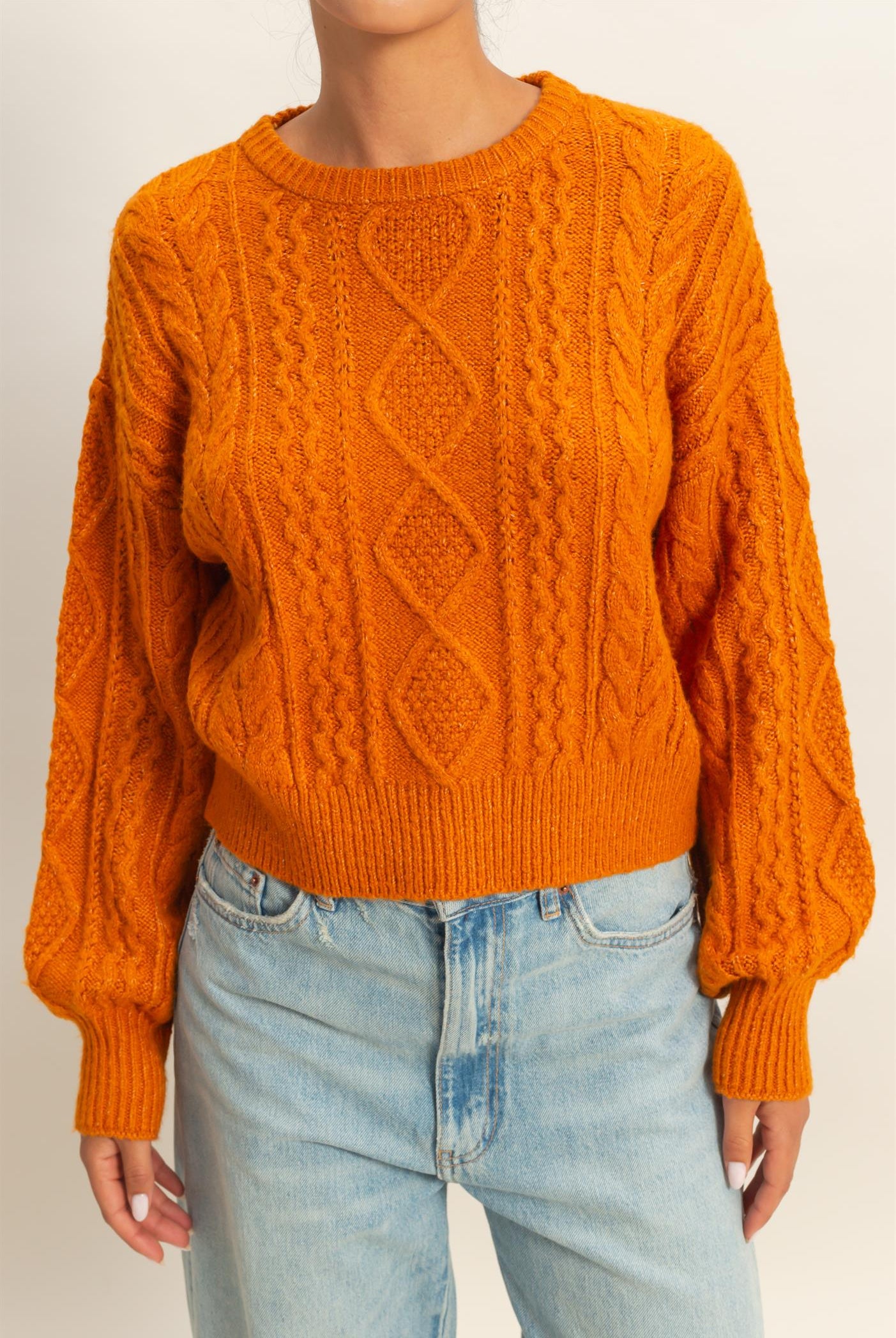 Wholesale Cable Knit Balloon Sleeve Sweater Sweaters DZ25F126 CARAMEL DOUBLE ZERO