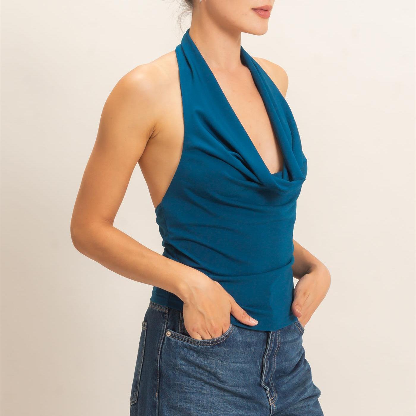 Wholesale Cowl Halter Neck Top Clothing Tops HF26E408 TEAL HYFVE