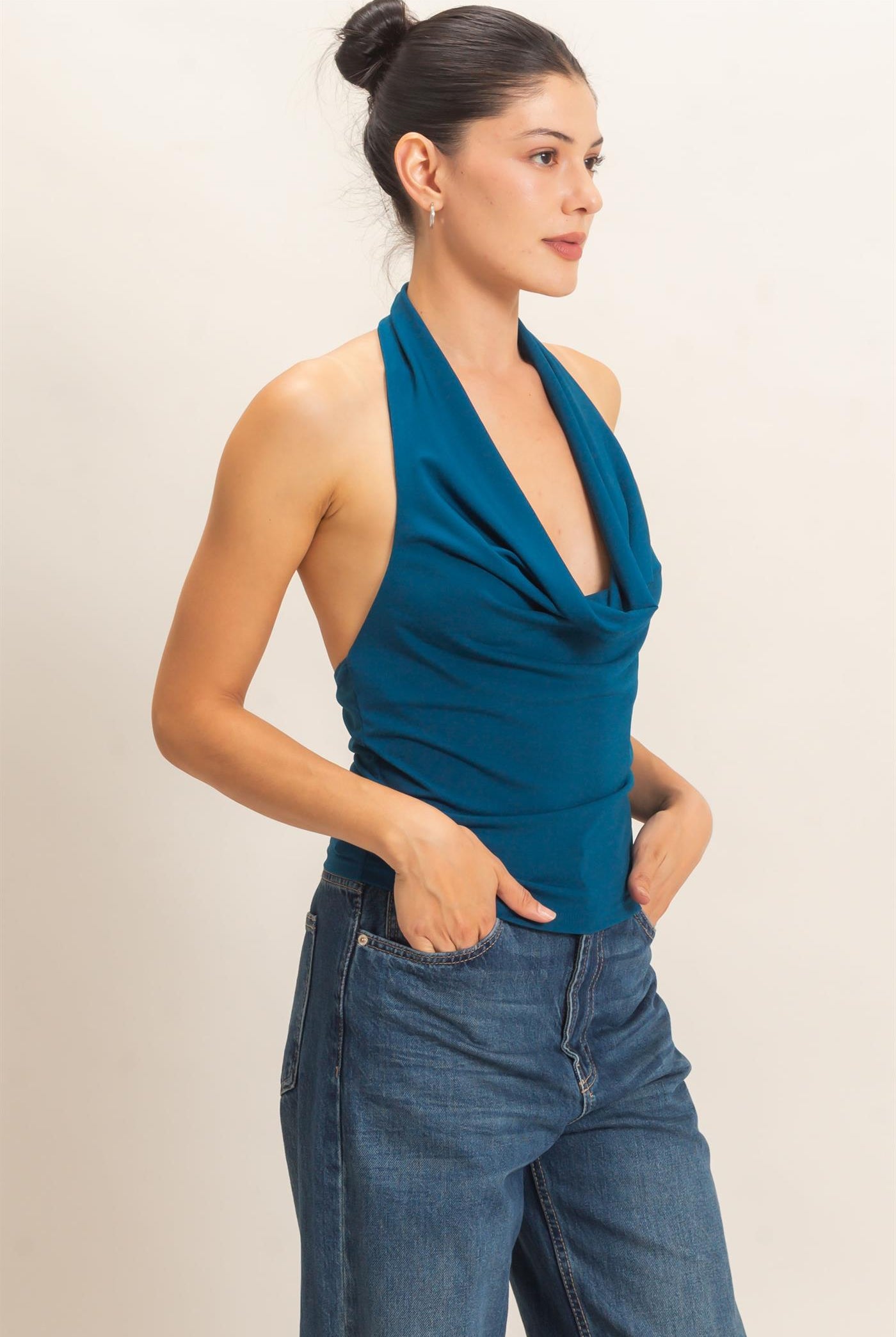Wholesale Cowl Halter Neck Top Clothing Tops HF26E408 TEAL HYFVE