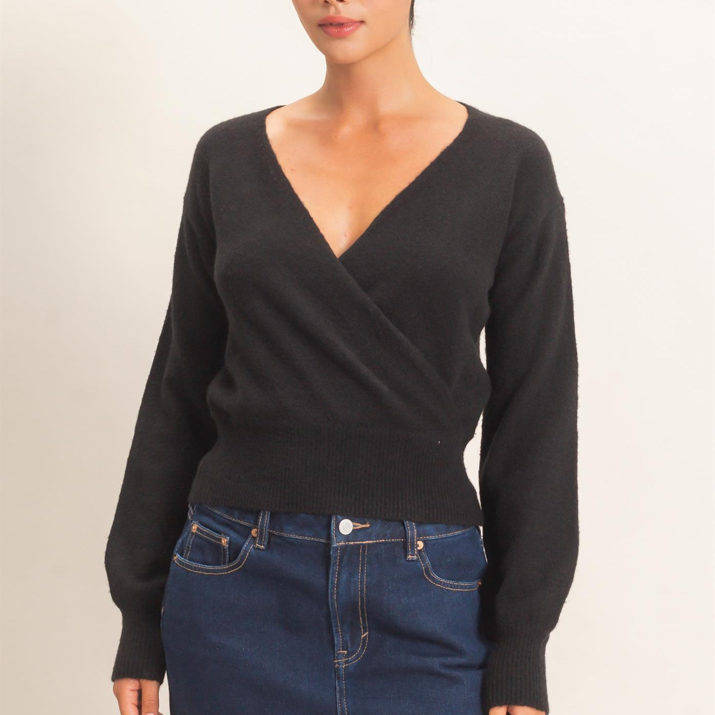 Wholesale Wrap V Neck Sweater Sweaters DZ26E948 BLACK DOUBLE ZERO