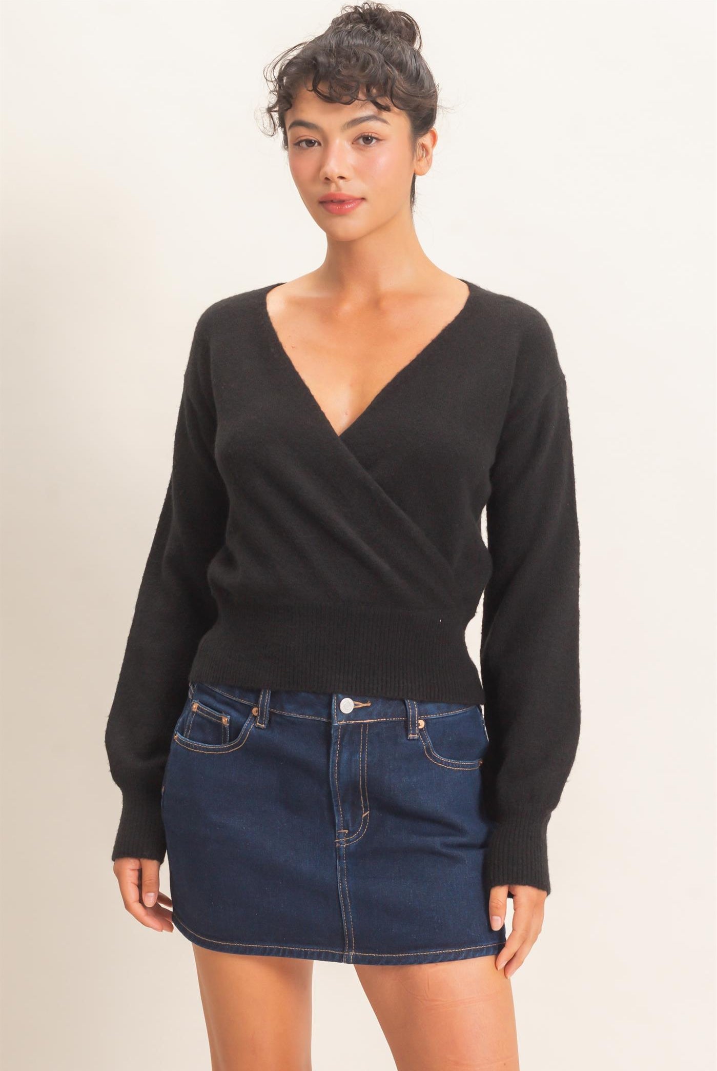 Wholesale Wrap V Neck Sweater Sweaters DZ26E948 BLACK DOUBLE ZERO