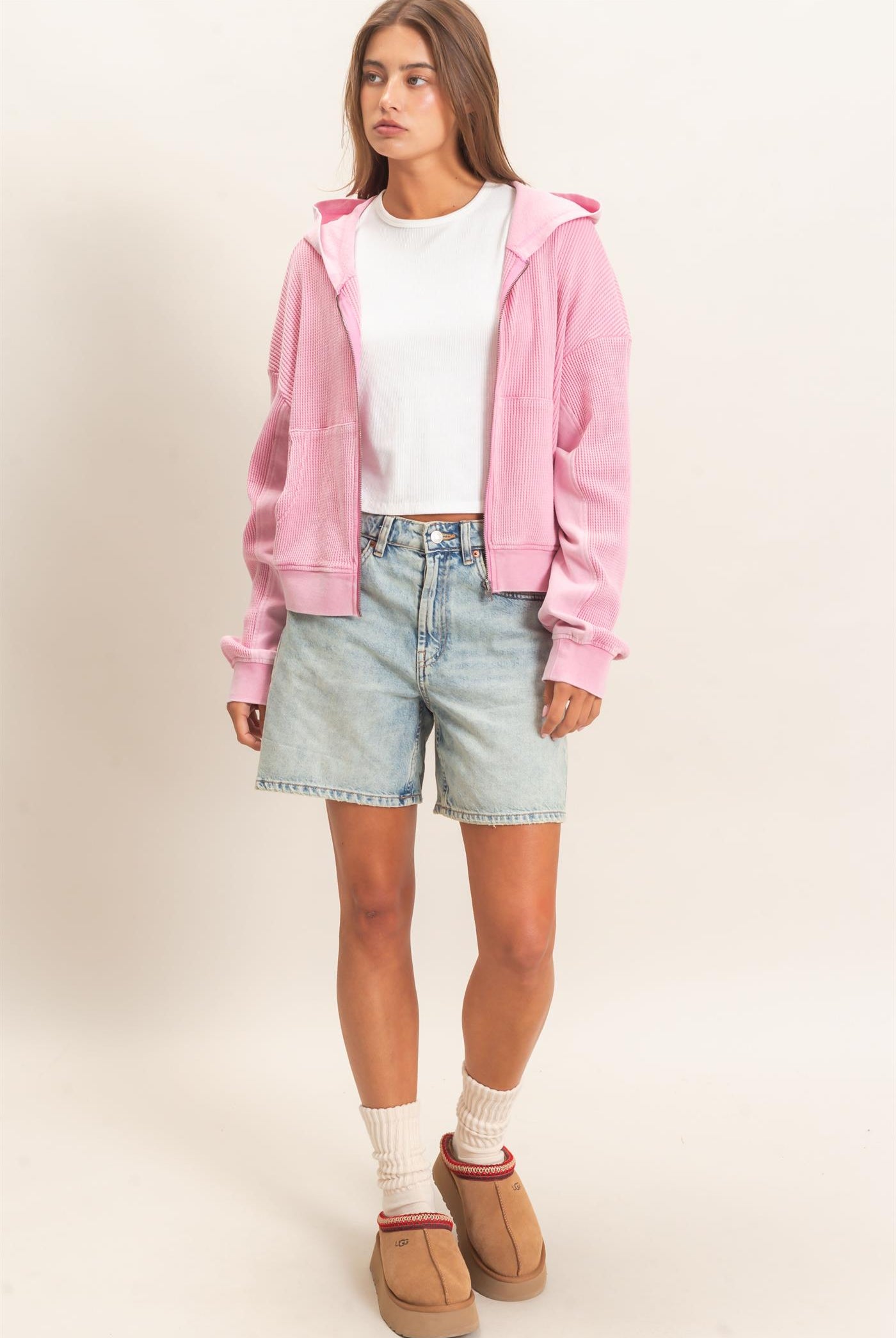 Wholesale Acid Wash Waffle Knit Zip-Up Hoodie Hoodies DZ26E401 PINK DOUBLE ZERO