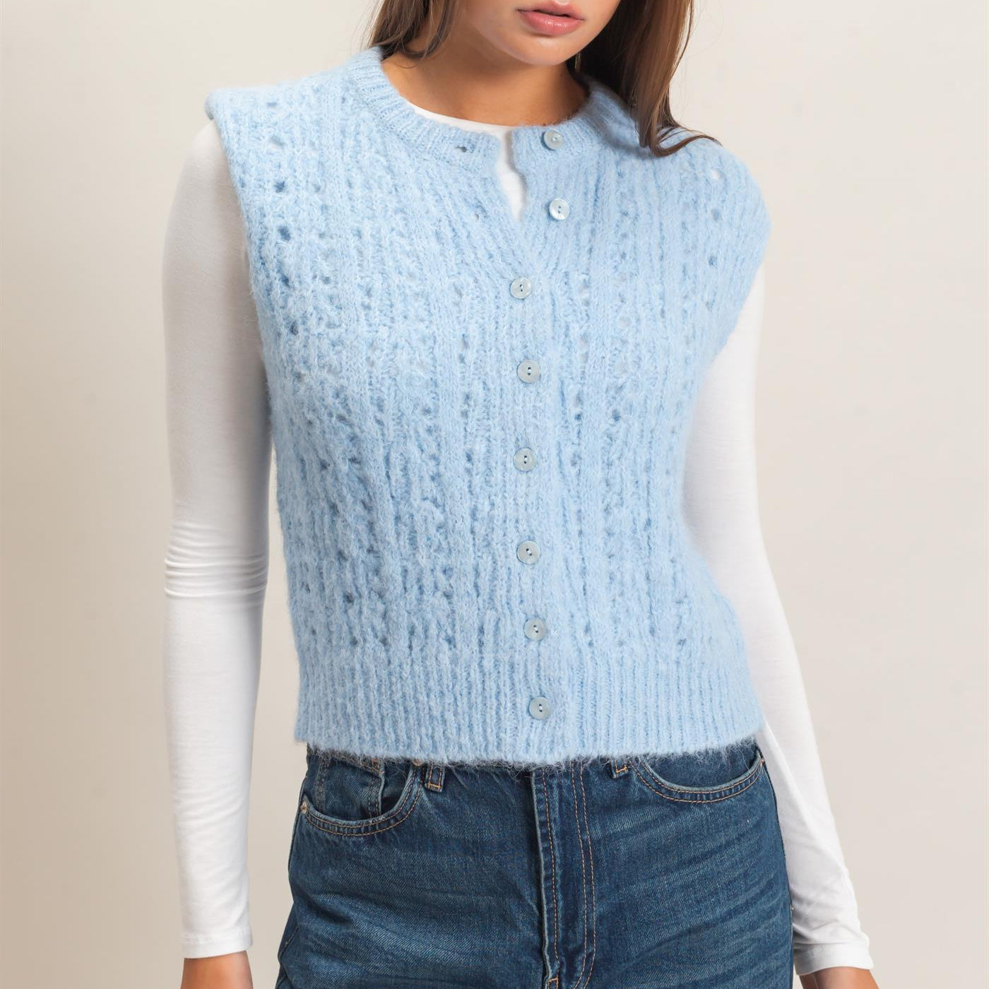 Wholesale Open Knit Sleeveless Button Front Sweater Vest Sweaters DZ26A829 ICE BLUE DOUBLE ZERO