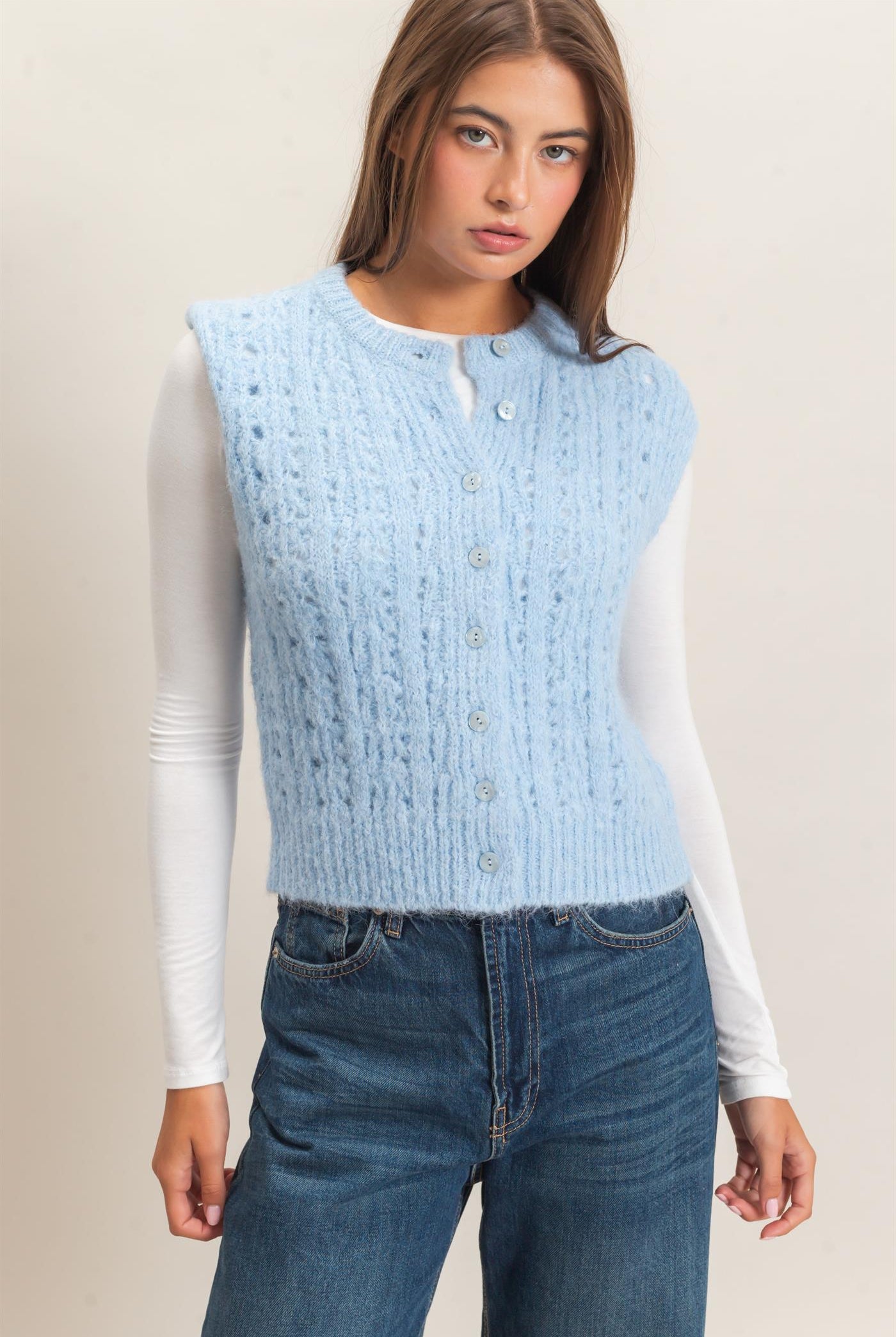 Wholesale Open Knit Sleeveless Button Front Sweater Vest Sweaters DZ26A829 ICE BLUE DOUBLE ZERO