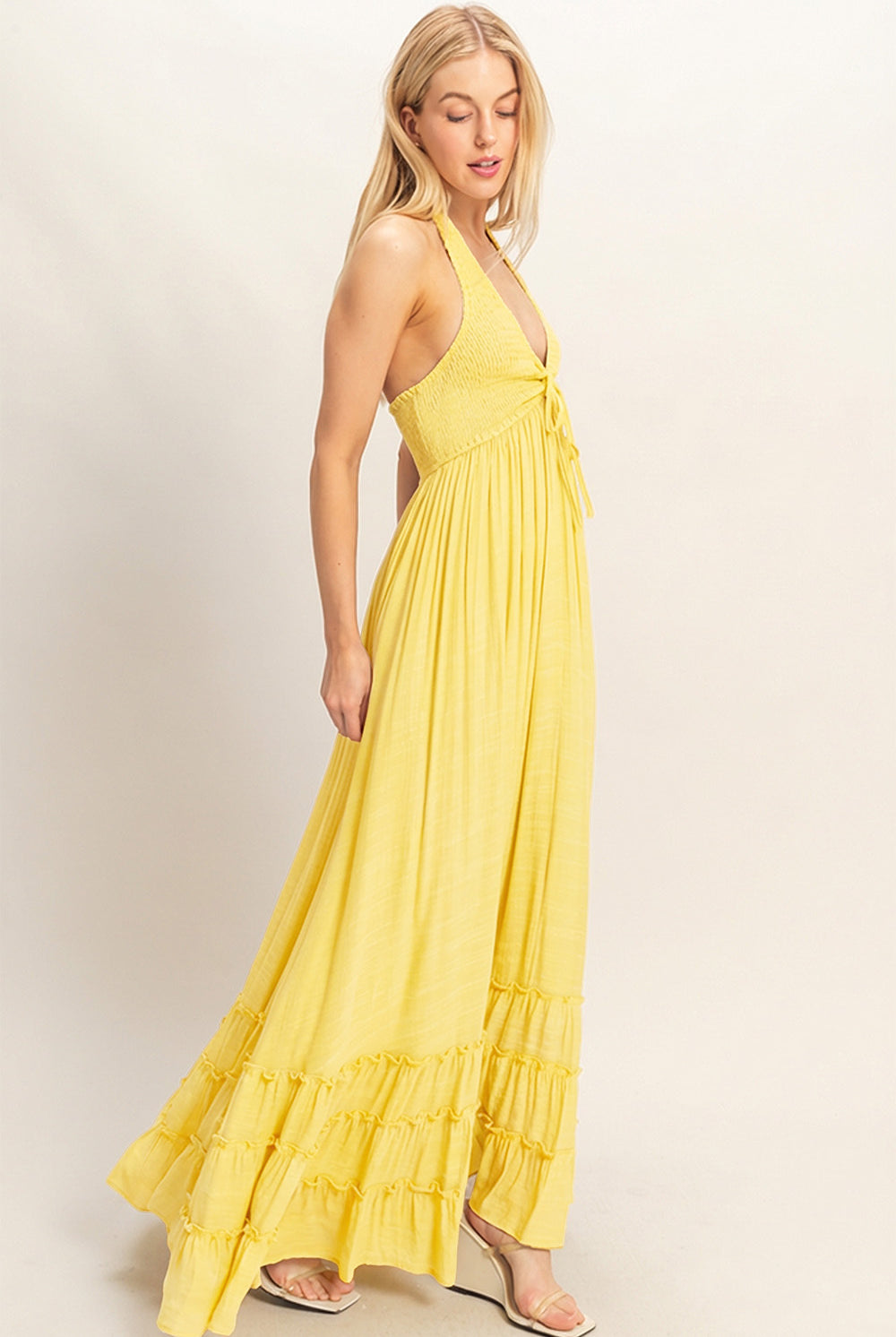 Wholesale Halter Neck Smocked Maxi Dress Dresses HF26C287-D LIGHT YELLOW HYFVE