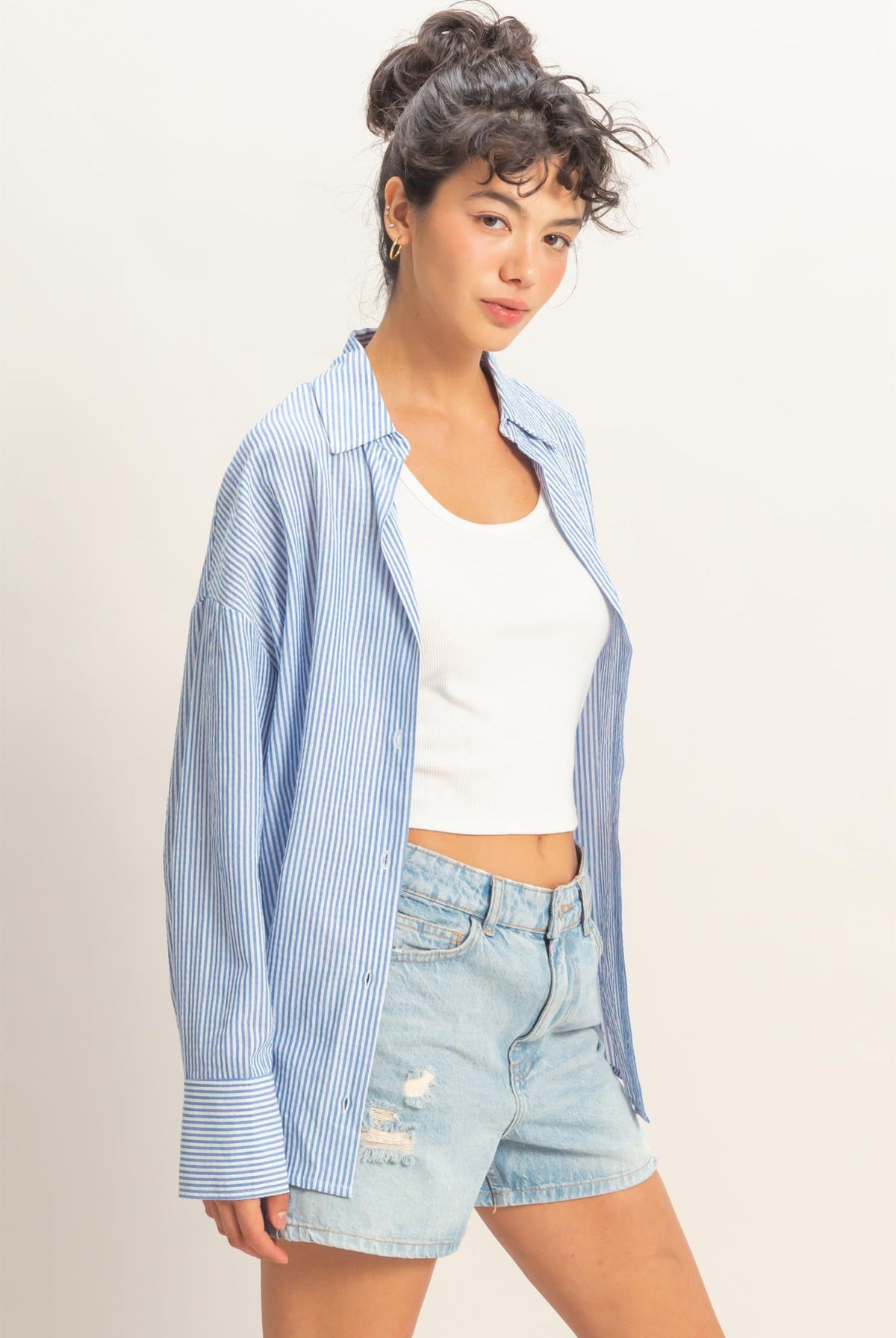Wholesale Striped Button-Up Shirt Shirts DZ26A737 BLUE DOUBLE ZERO