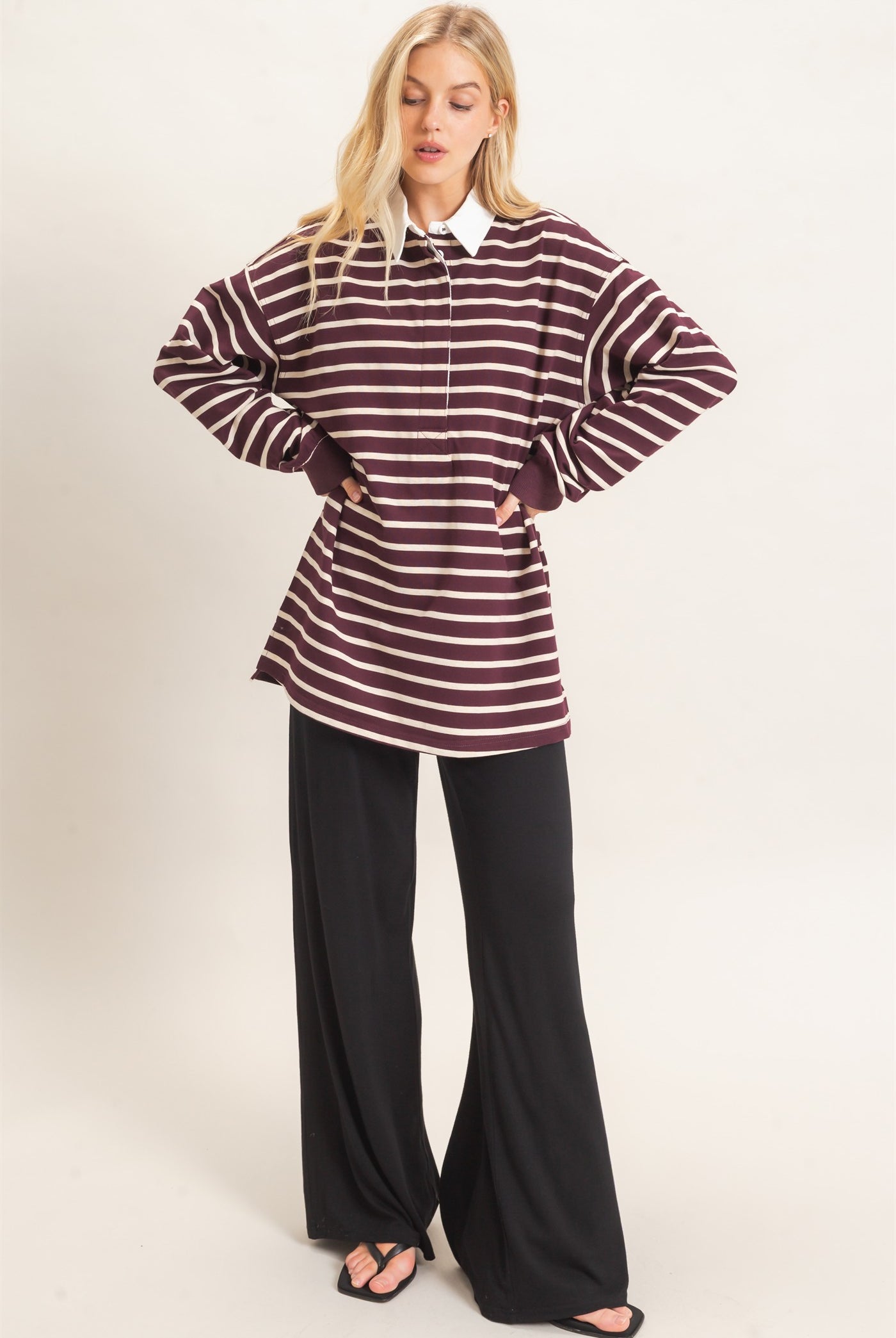 Wholesale Striped Polo Long Sleeve Top Clothing Tops HF26F078 RASPBERRY/ECRU HYFVE