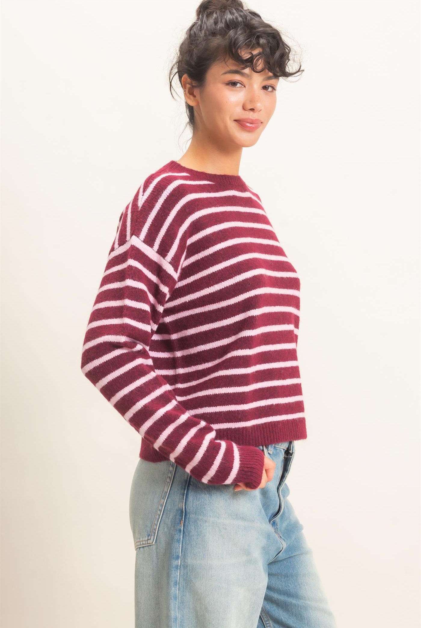 Wholesale Striped Crew Neck Sweater Sweaters DZ26C612 DARK CHERRY DOUBLE ZERO