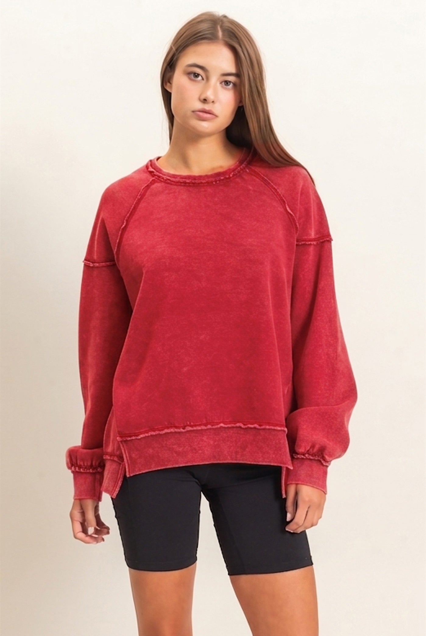 Wholesale Acid Wash Raw Edge Sweatshirt Sweatshirts DZ26C910 RED DOUBLE ZERO