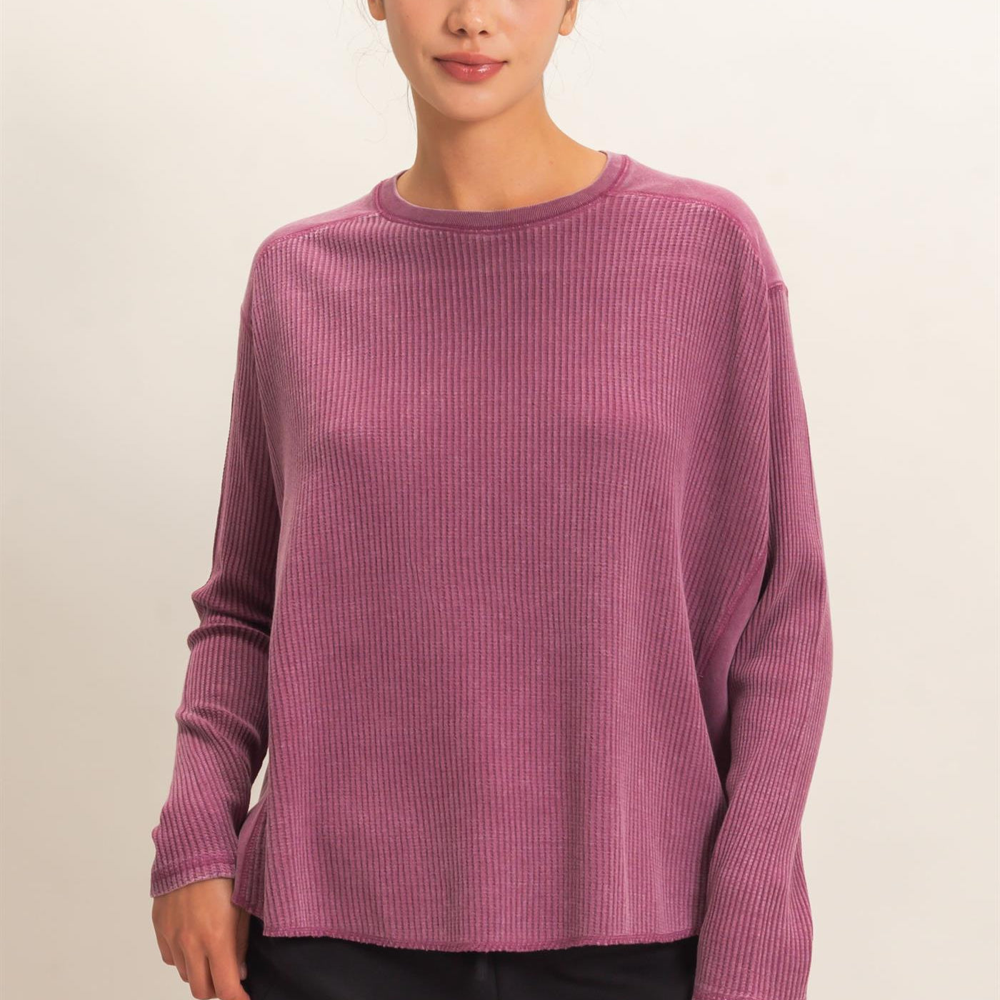 Wholesale Oversized Mineral Washed Waffle Knit Top Clothing Tops DZ26E654 DARK CHERRY DOUBLE ZERO