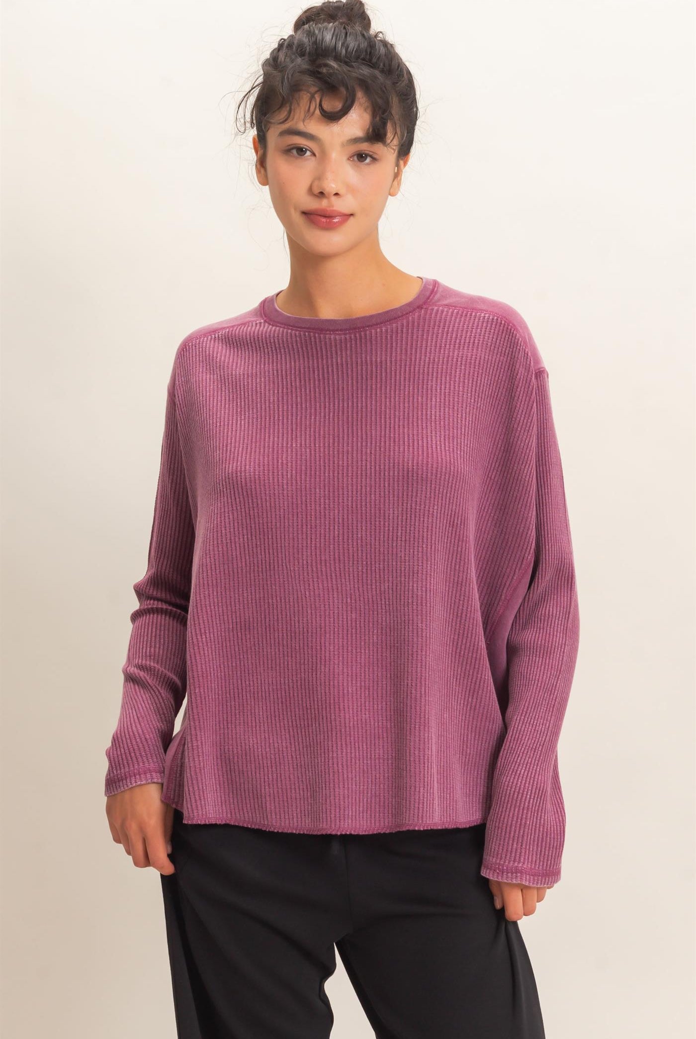 Wholesale Oversized Mineral Washed Waffle Knit Top Clothing Tops DZ26E654 DARK CHERRY DOUBLE ZERO