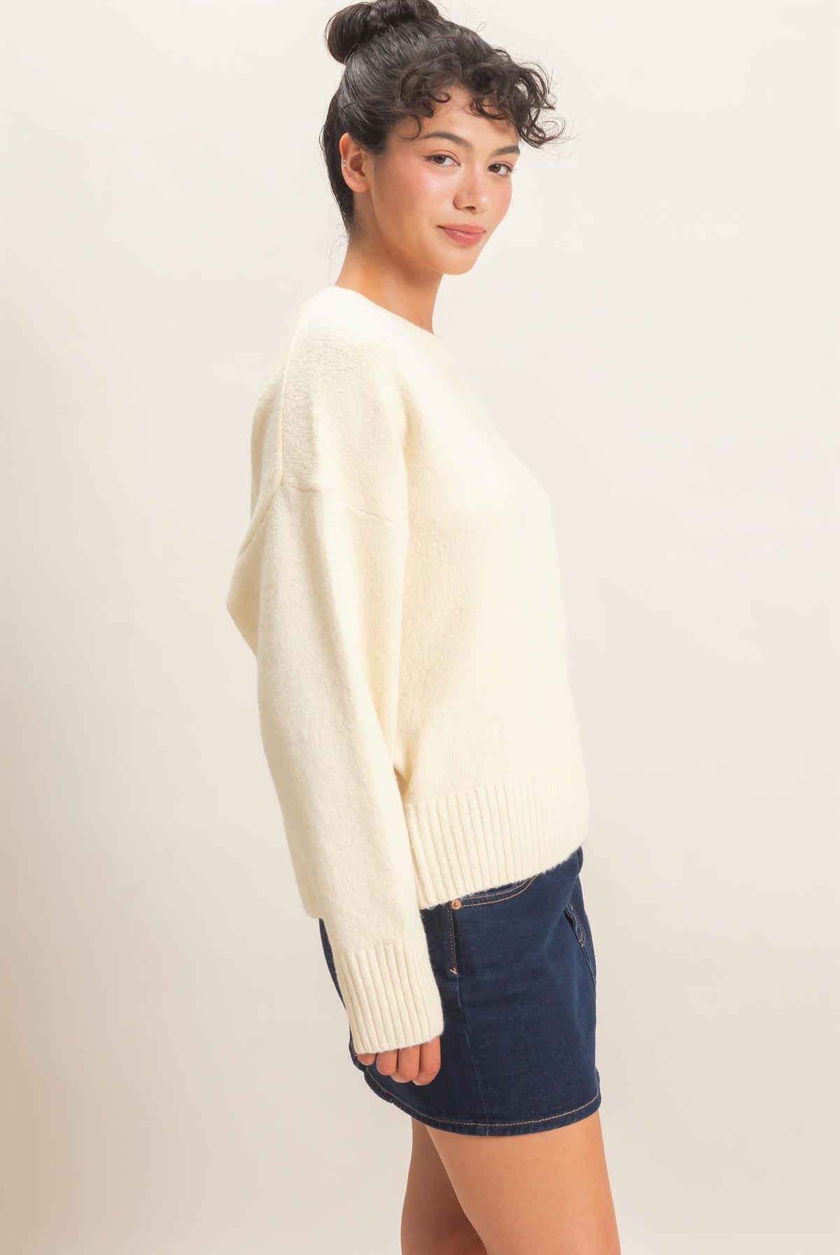 Wholesale Relaxed Fit Crew Neck Sweater Sweaters DZ26E956 CREAM DOUBLE ZERO