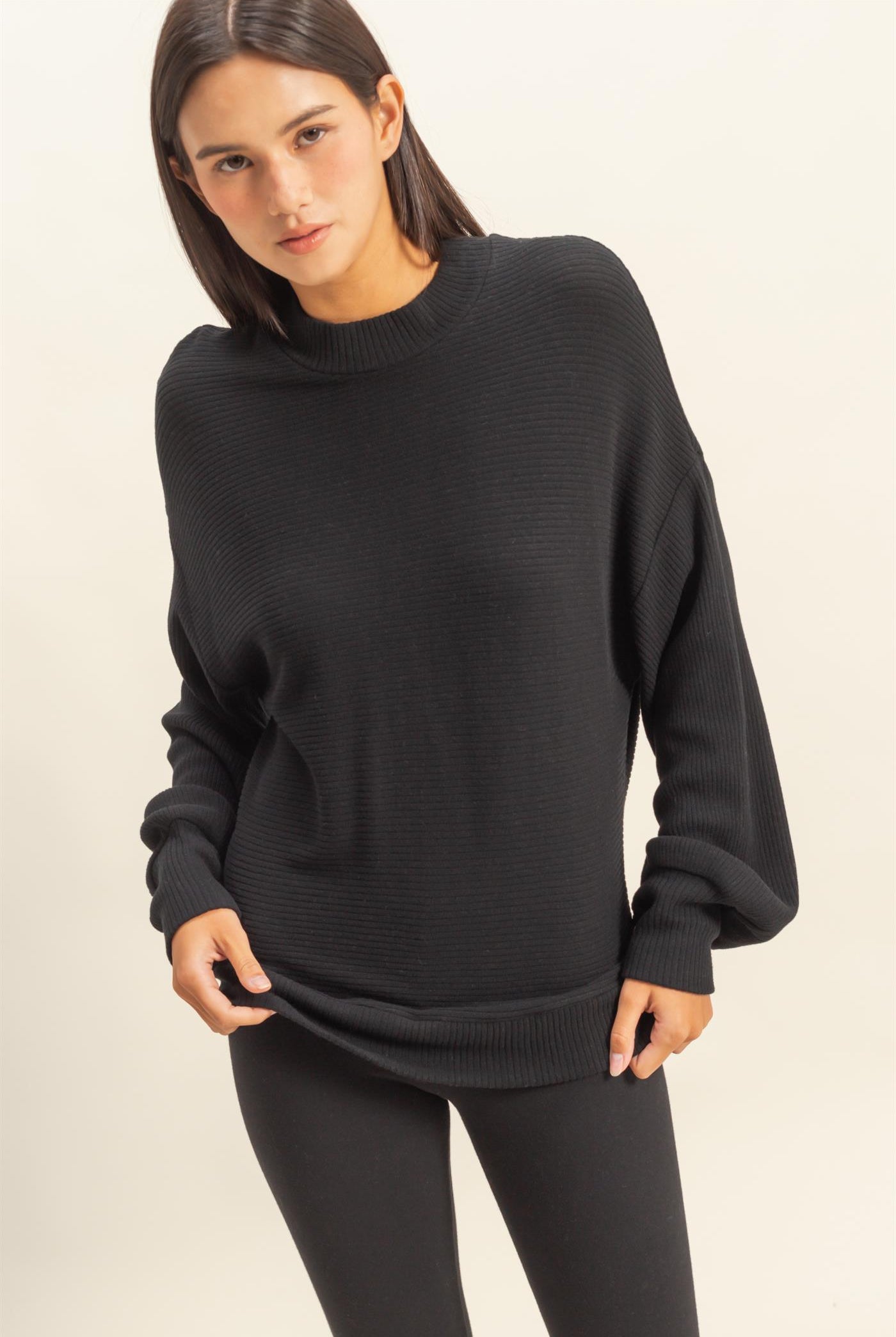 Wholesale Ribbed Balloon Sleeve Top Clothing Tops DZ24A099 BLACK DOUBLE ZERO