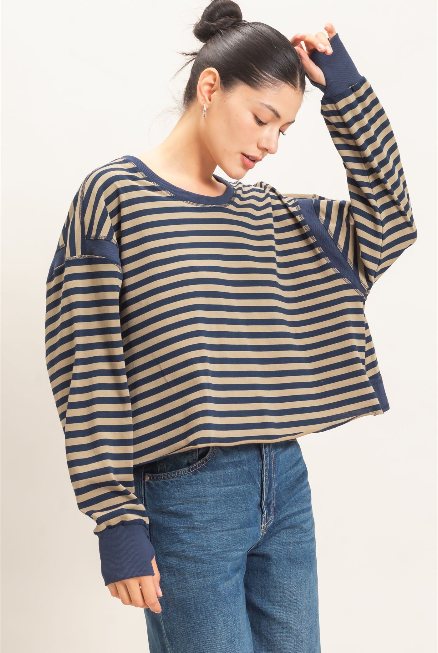 Wholesale Striped Long Sleeve Top Clothing Tops HF26C908-D NAVY HYFVE