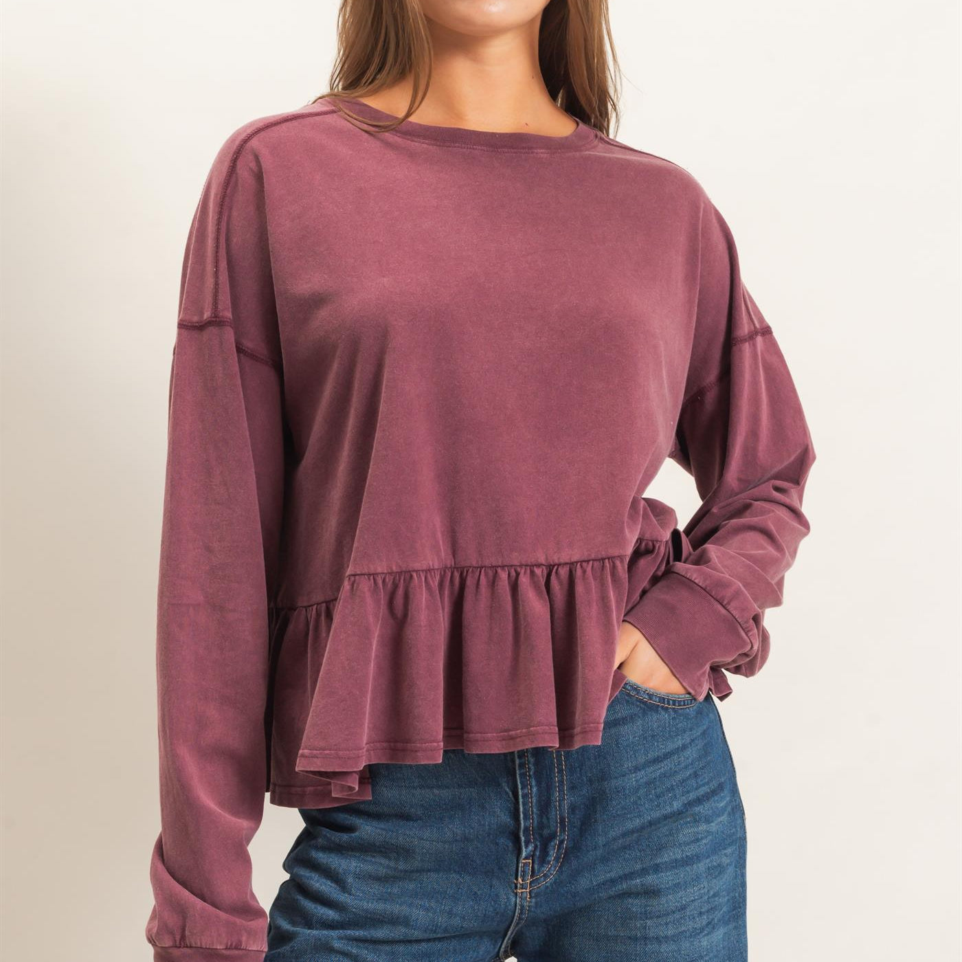 Wholesale Peplum Long Sleeve Top Clothing Tops DZ26F397 DARK CHERRY DOUBLE ZERO