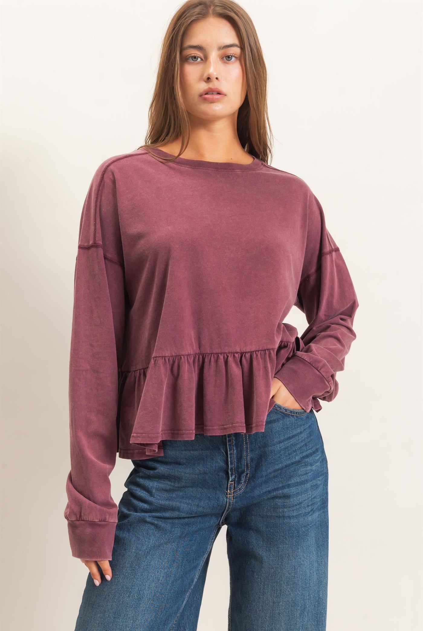 Wholesale Peplum Long Sleeve Top Clothing Tops DZ26F397 DARK CHERRY DOUBLE ZERO