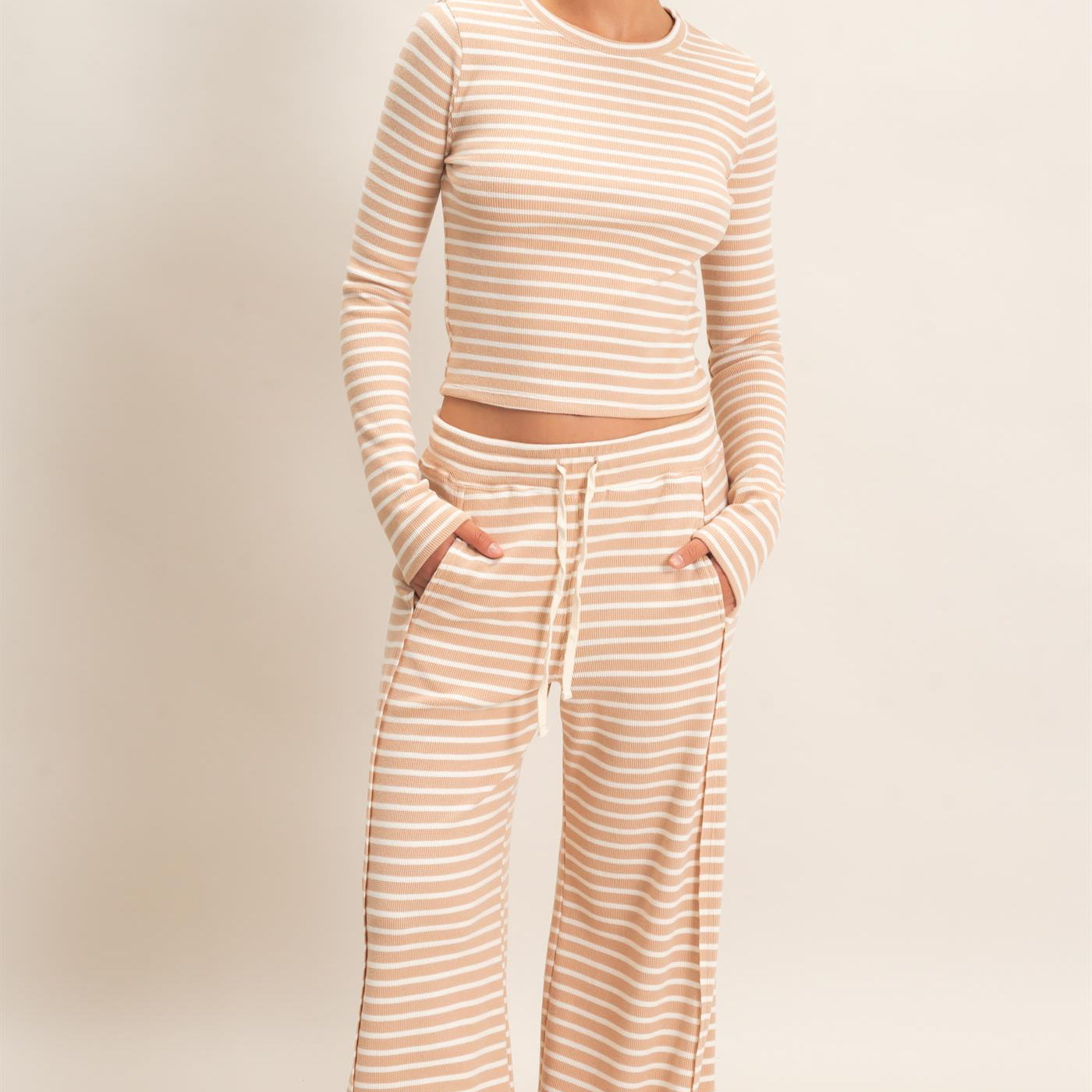 Wholesale Striped Waffle Long Sleeve Top & Pants Set Clothing DZ25F479-SET SAND DOUBLE ZERO