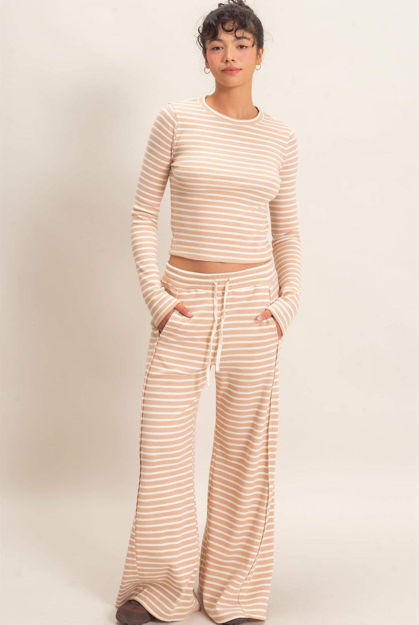 Wholesale Striped Waffle Long Sleeve Top & Pants Set Clothing DZ25F479-SET SAND DOUBLE ZERO