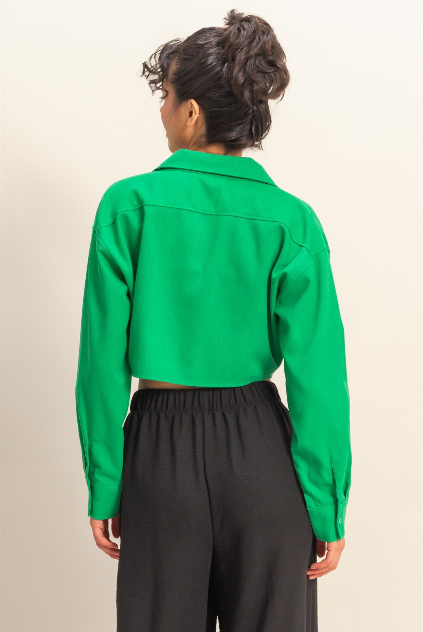 Wholesale Sand Washed Tie Front Crop Top Blouses DZ24C963 GREEN DOUBLE ZERO